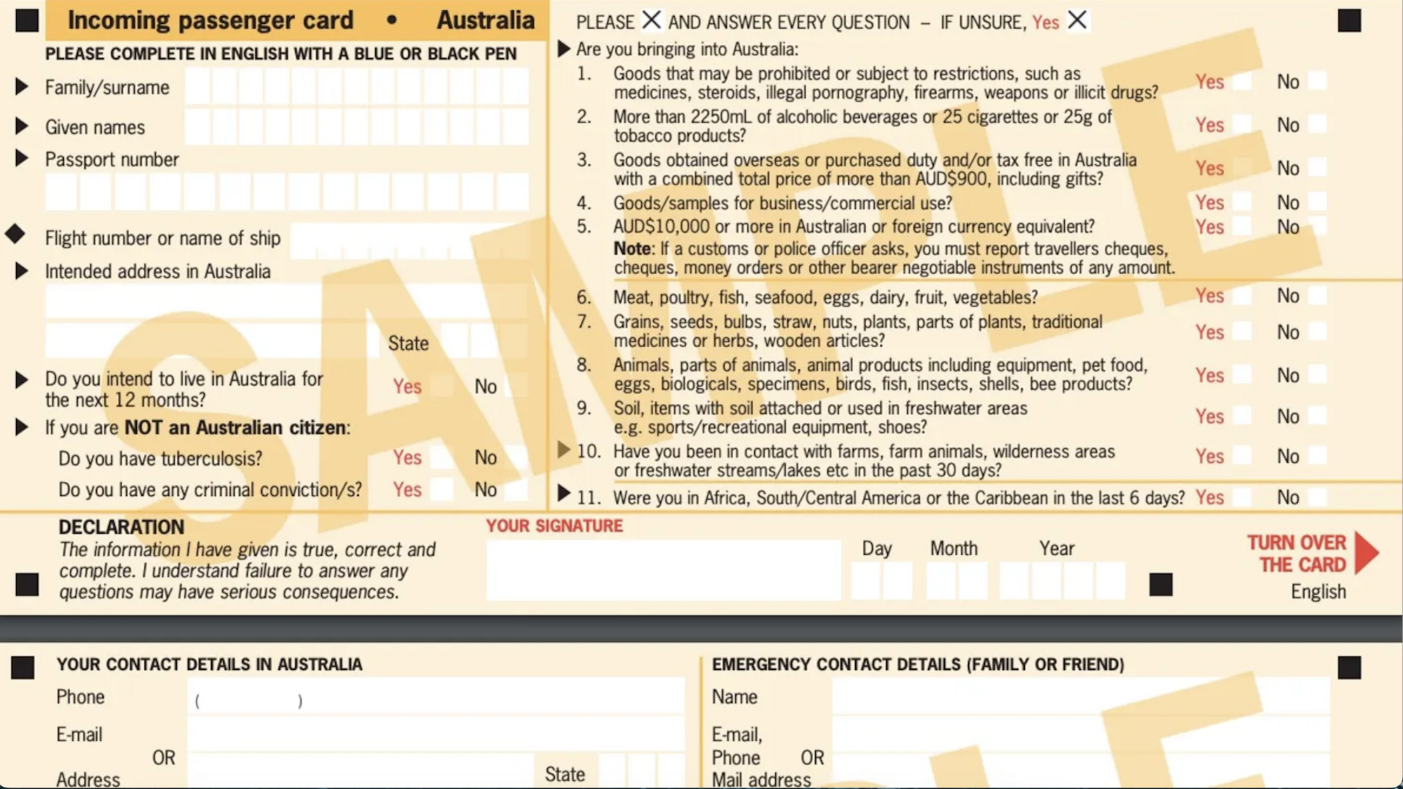 "Incoming Passenger Cards": what questions are required to be answered before entering Australia