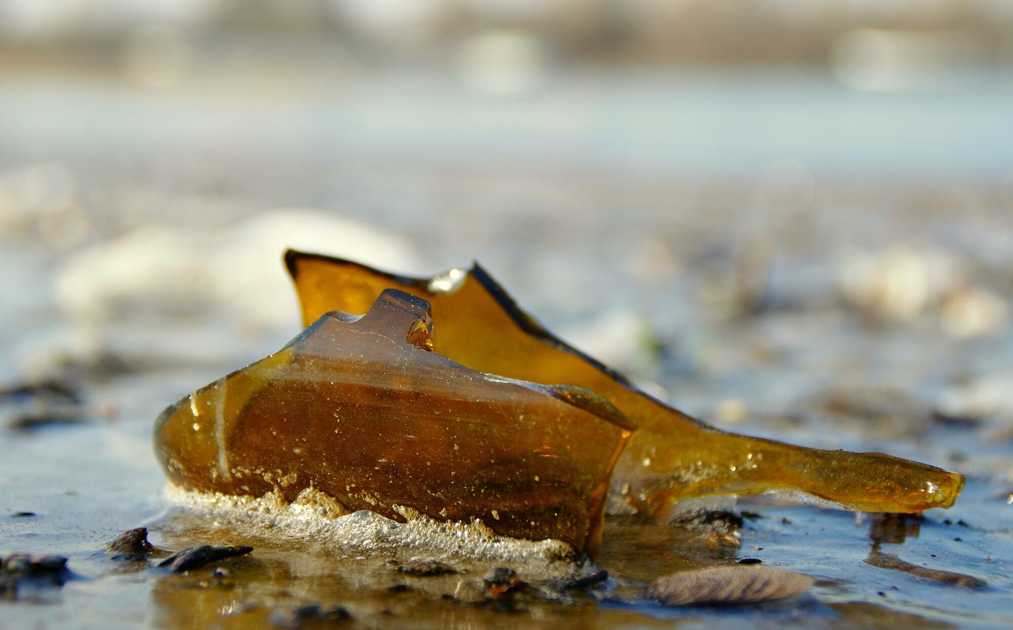 Close-up of broken brown glass on a beach