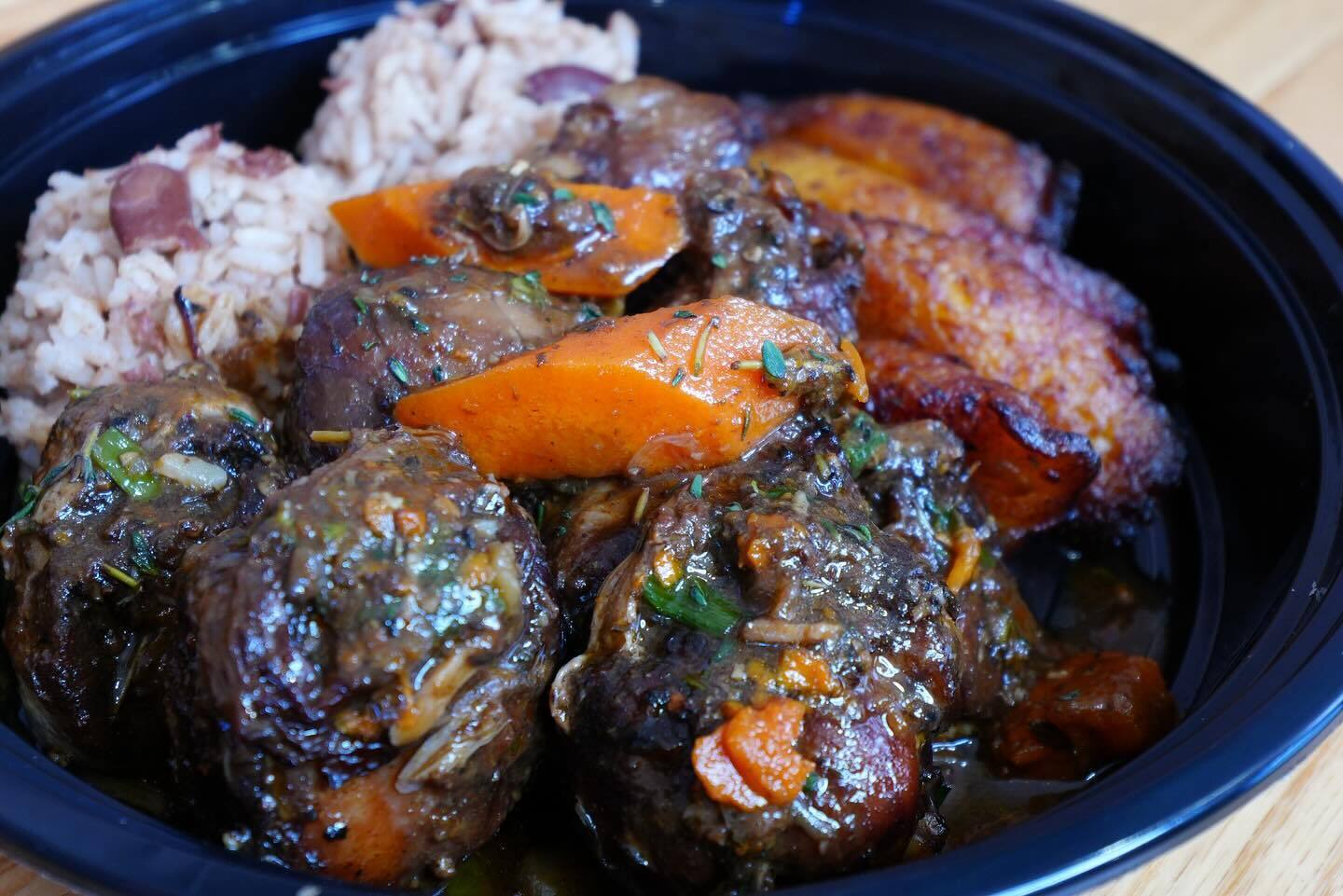 Caribbean oxtail stew with plantains and rice