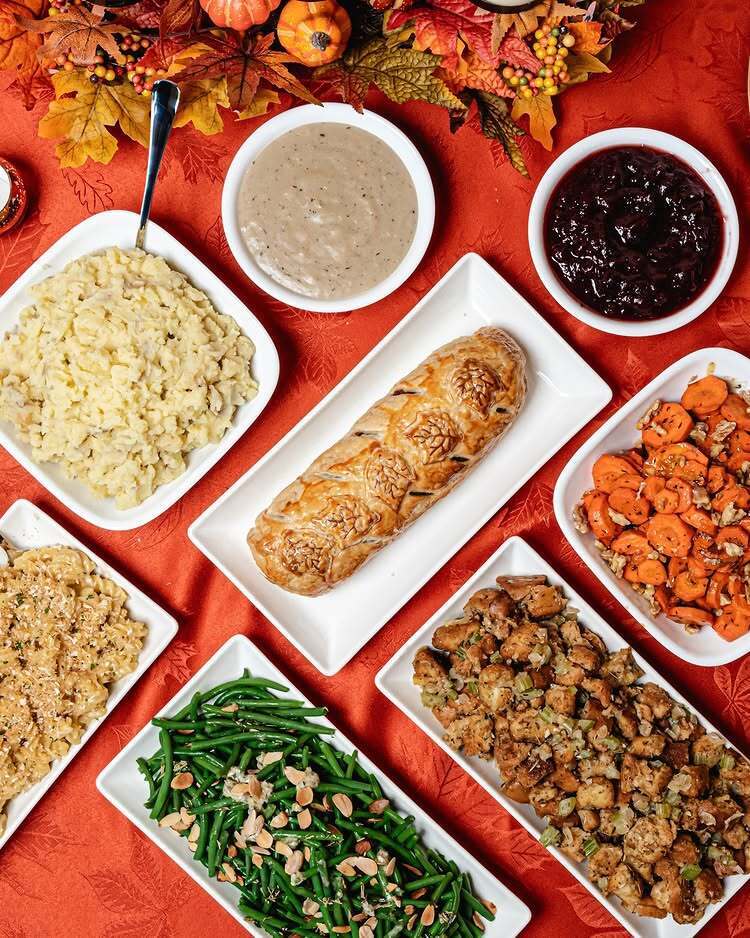 Plant-based holiday meal spread from Veggie Grill