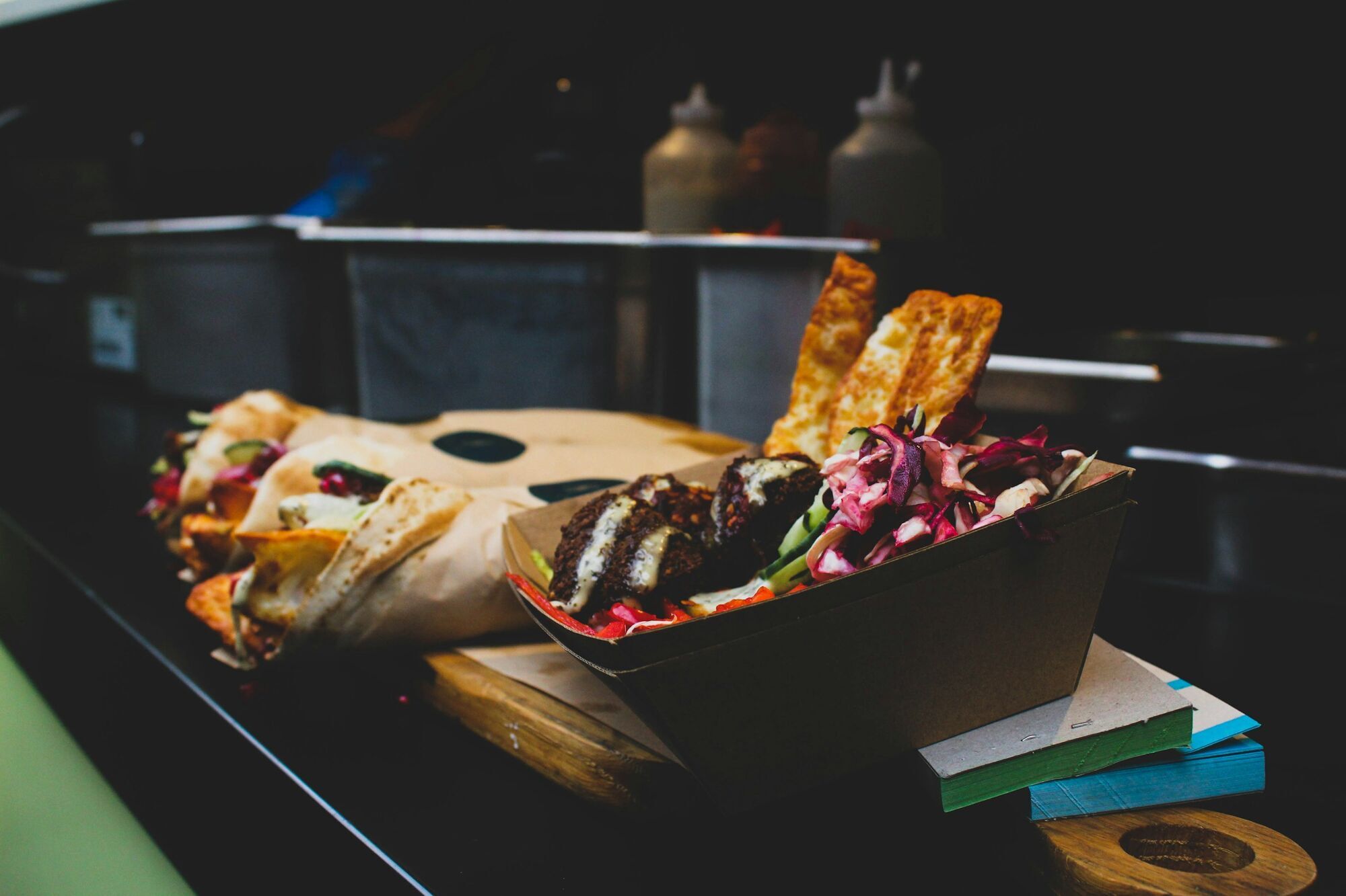 Assorted street food with international flavors in London