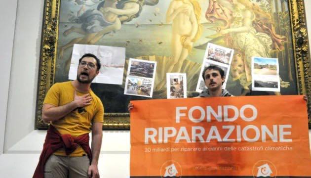 In Italy, environmental activists glued a photo of the effects of climate change to a Botticelli painting. Photo