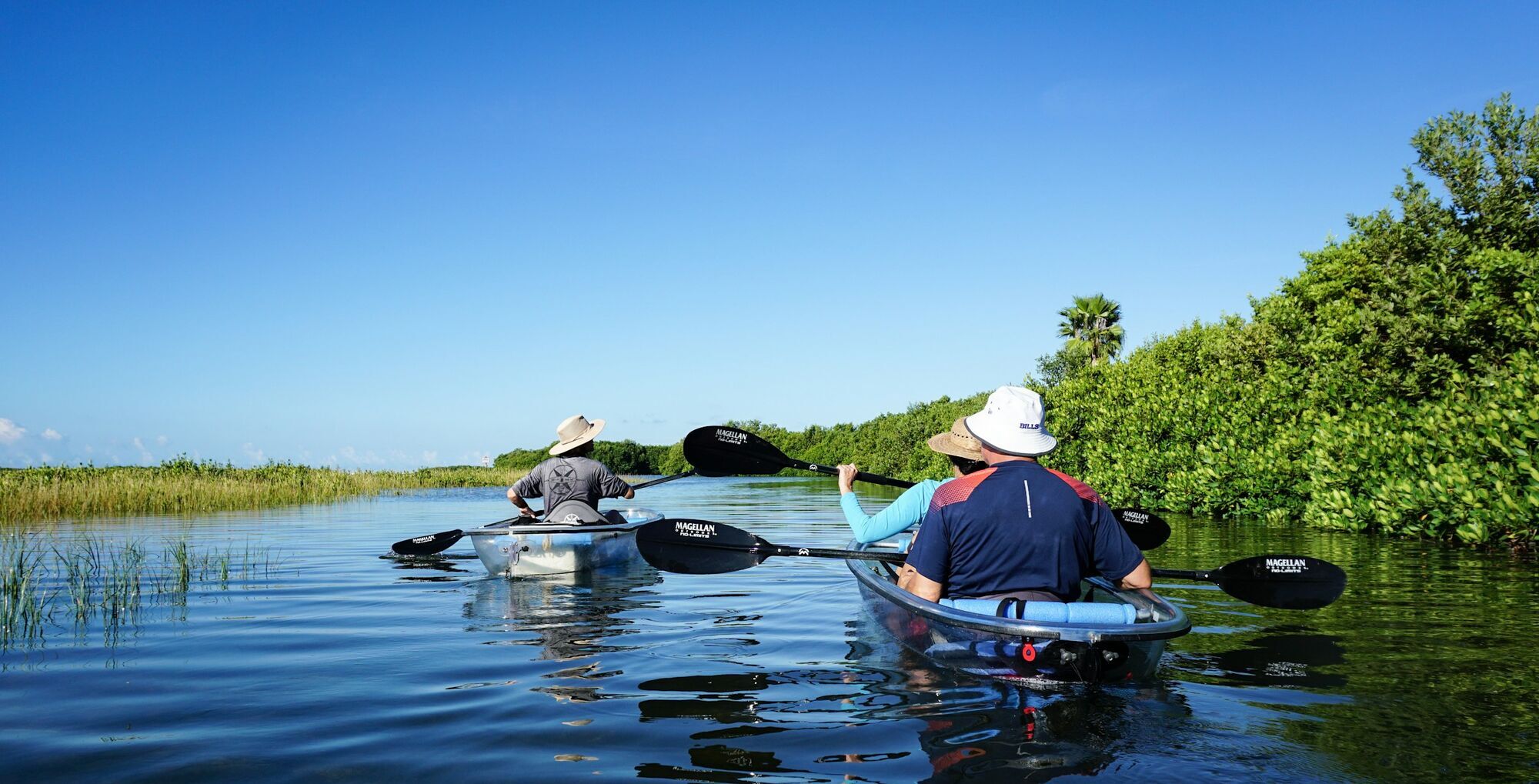 <span style="font-weight: 400;">Two people kayaking in a serene waterway surrounded by lush greenery under a clear blue sky in Florida, USA</span>