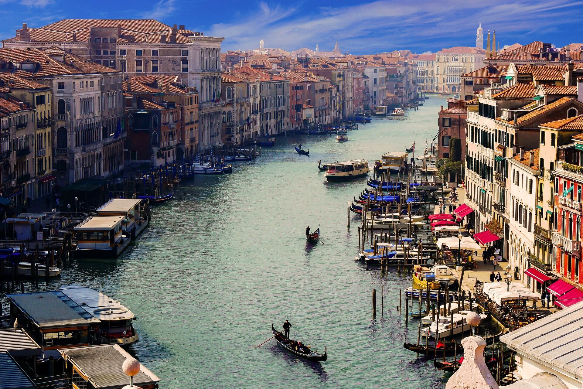 View of the Grand Canal in Venice with gondolas and historic buildings