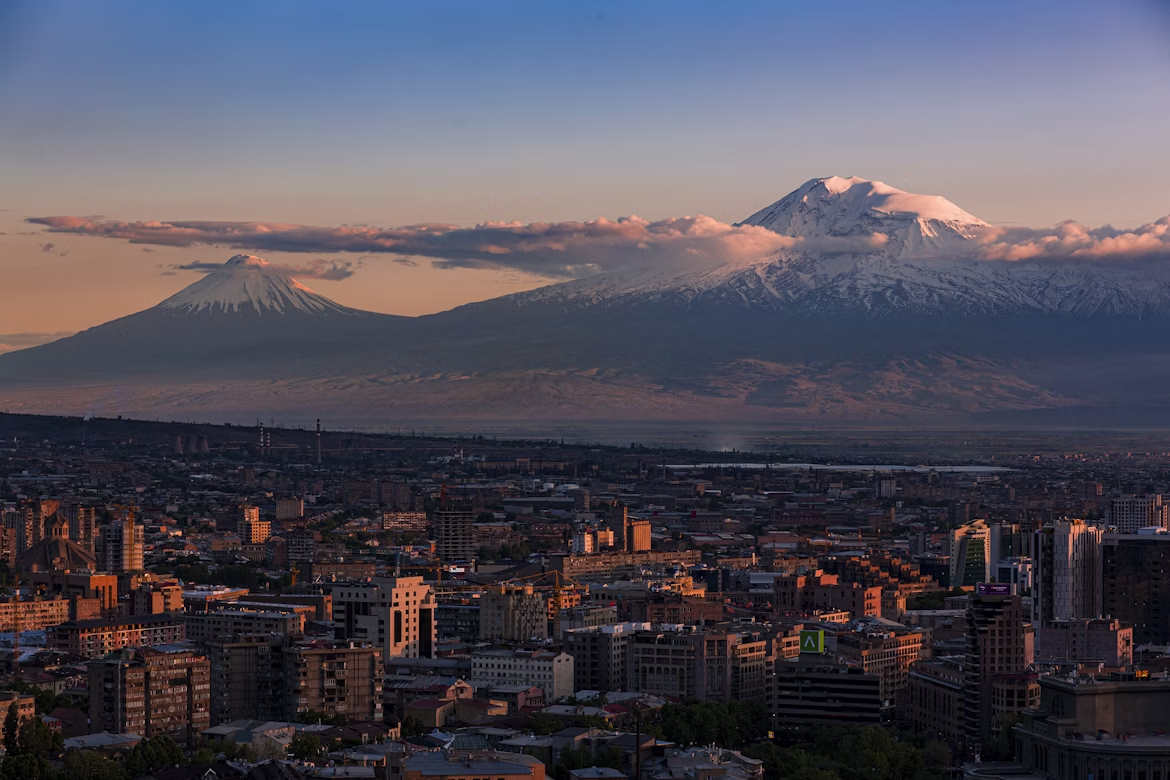 View of Yerevan with Mount Ararat in the background at sunset