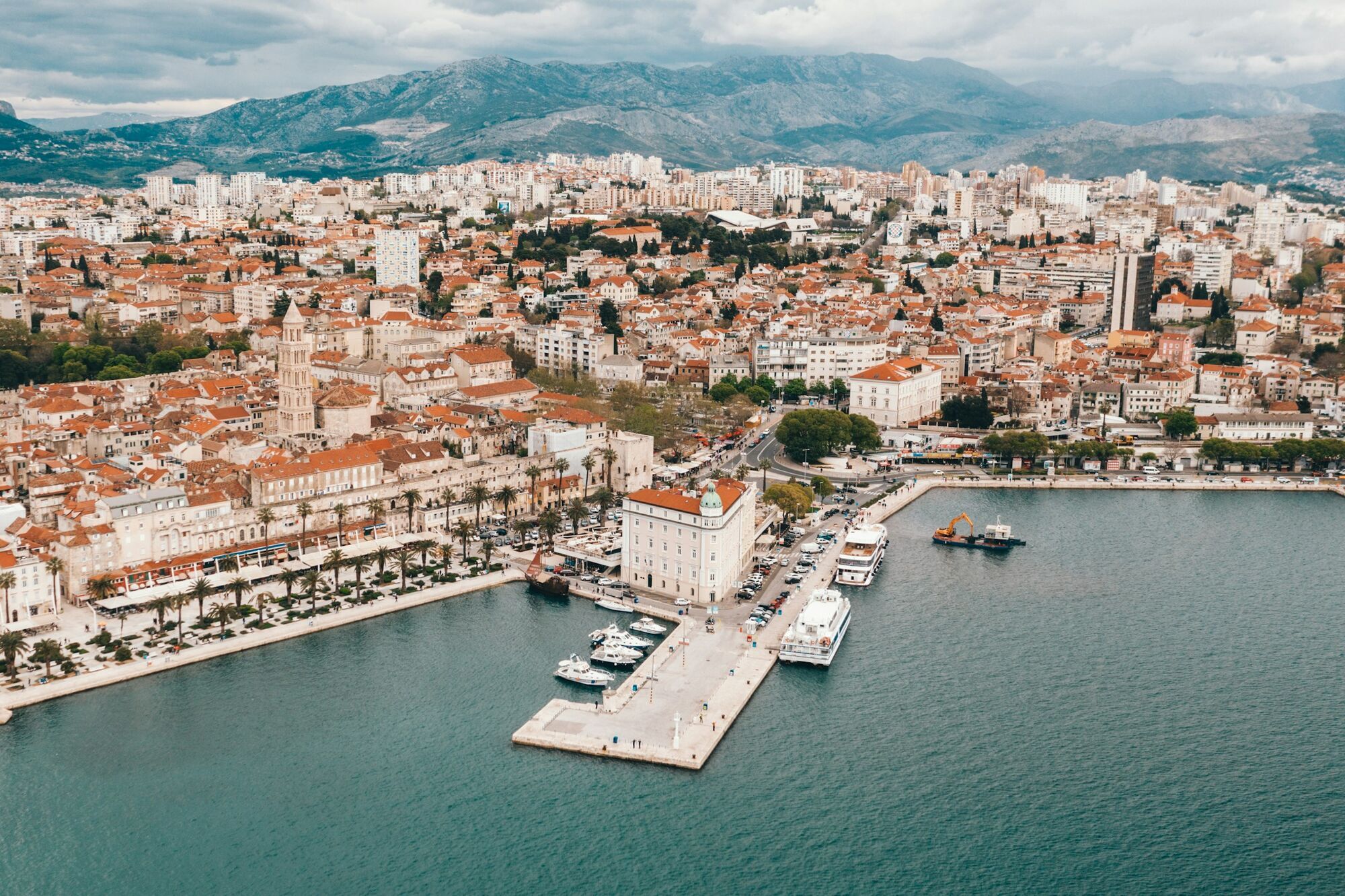 Aerial view of Split’s waterfront and historic Old Town, Croatia