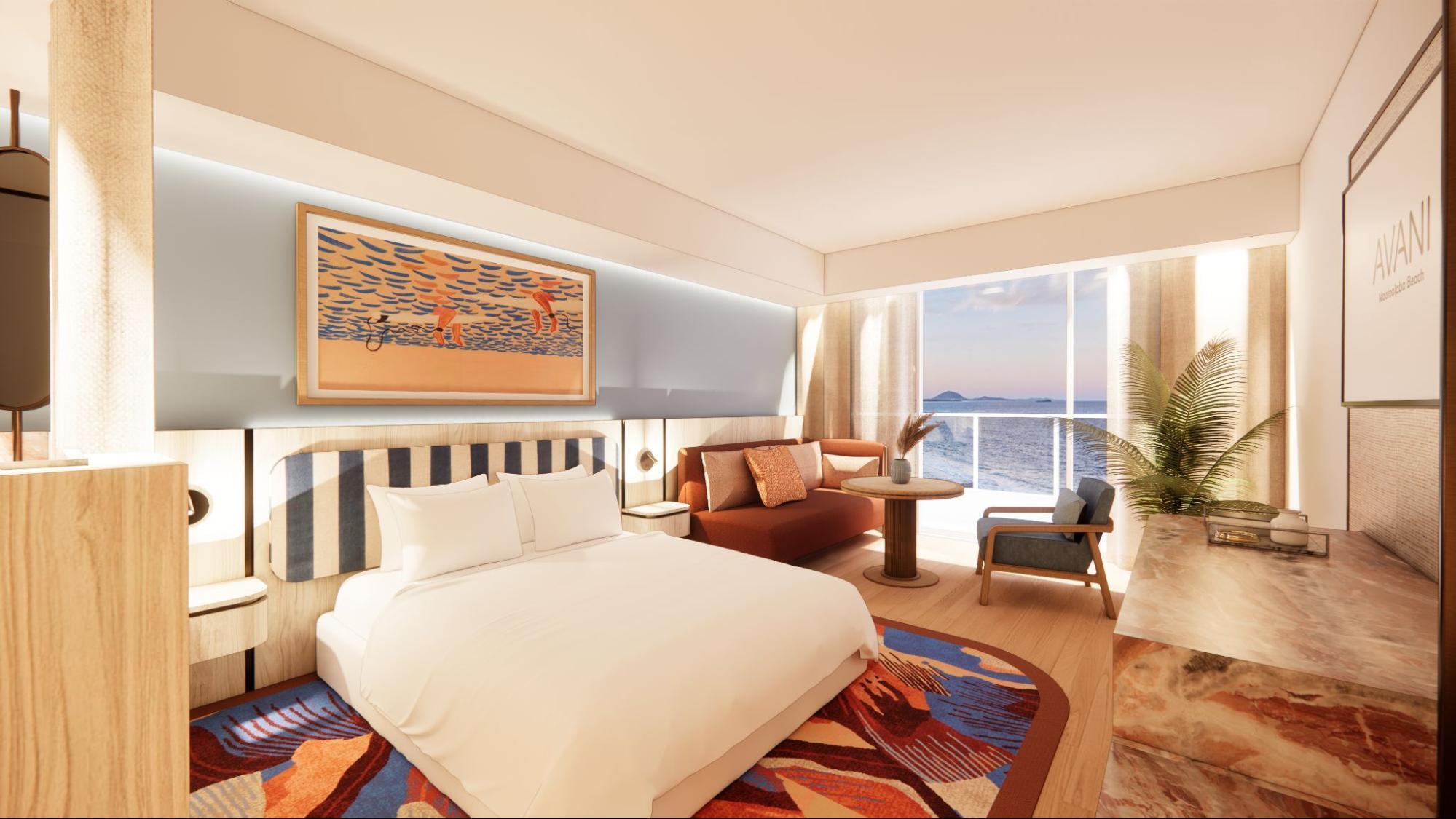 Modern hotel room with ocean view at Avani Mooloolaba
