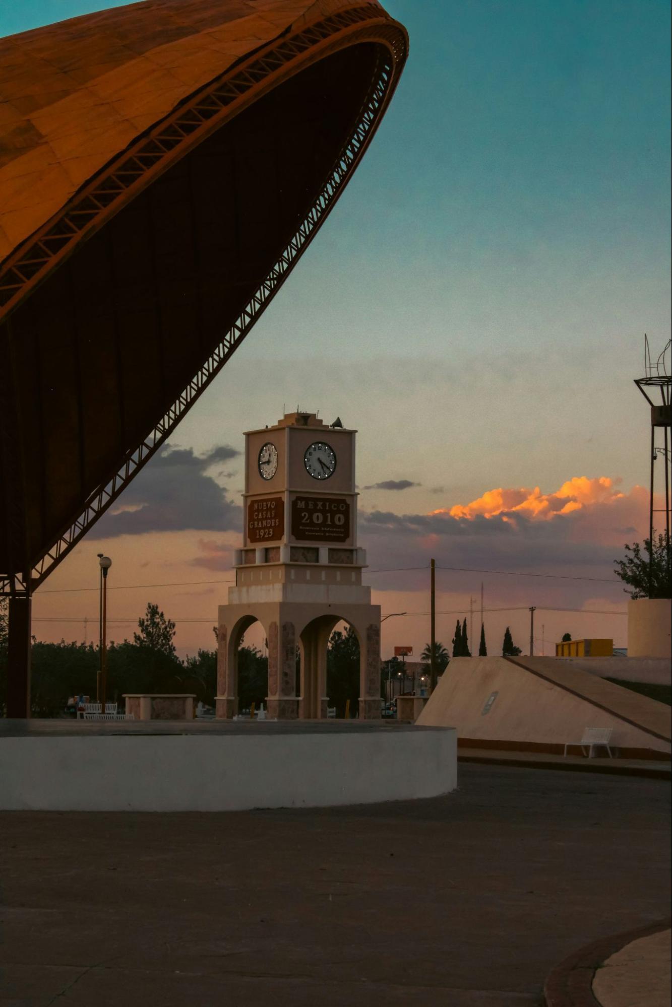 Clock tower in northern Mexico at sunset