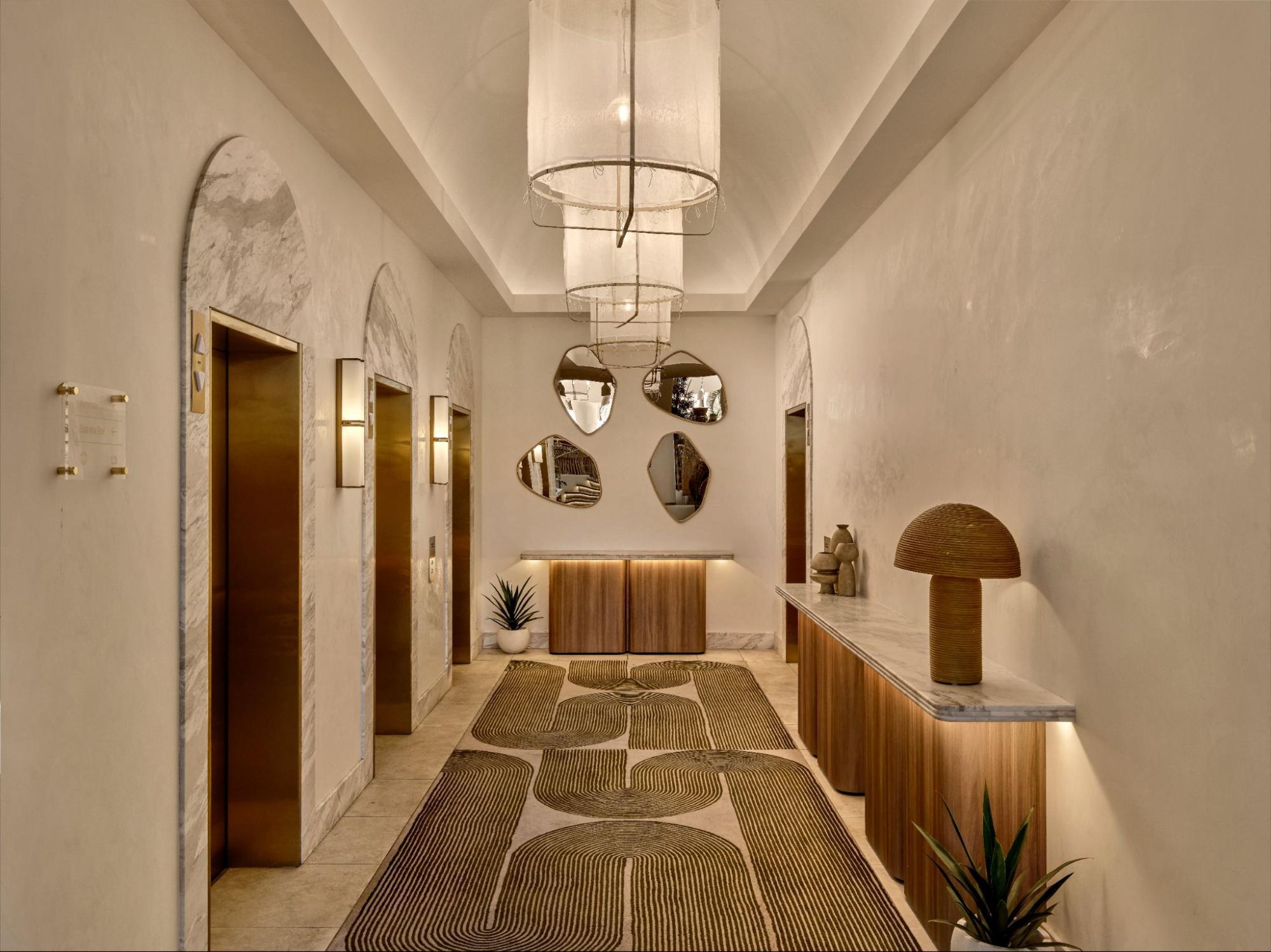 Elegant hotel lobby with soft lighting and modern design elements