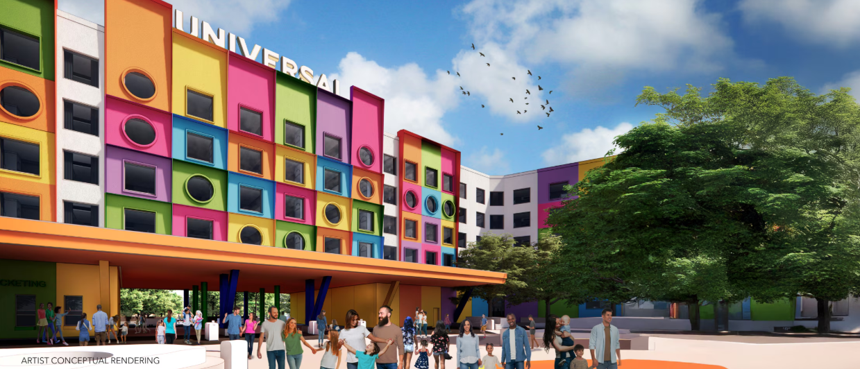 Concept rendering of Universal Kids Resort hotel with families walking near the entrance
