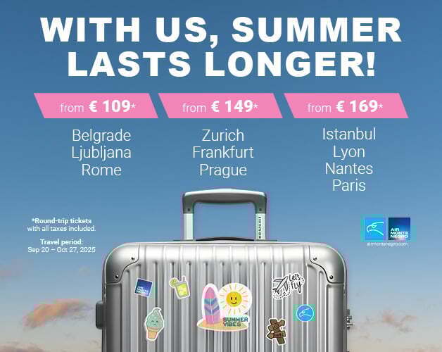 Air Montenegro promotional banner showing autumn travel discounts for European destinations