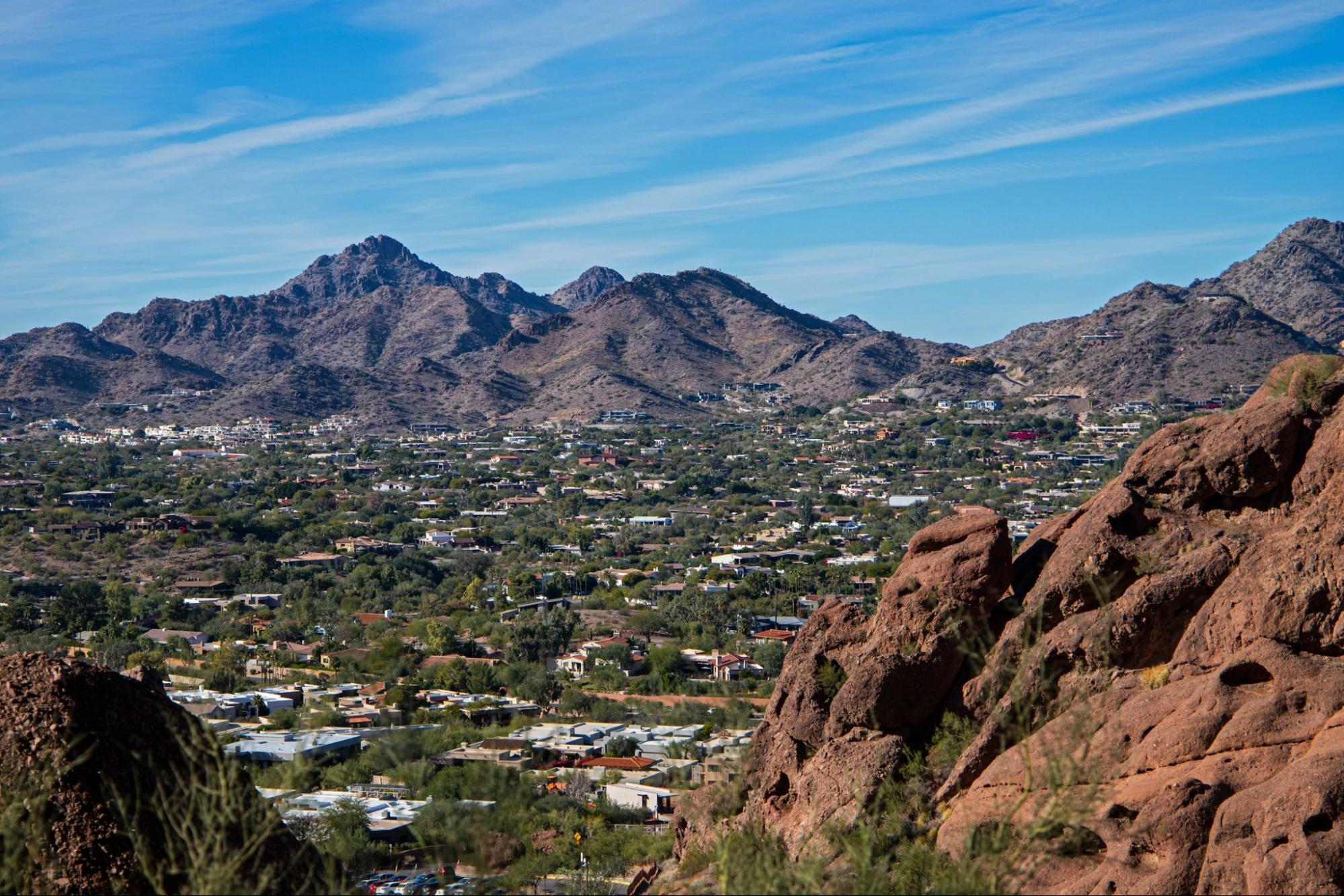 View of Paradise Valley and Camelback Mountain under clear skies