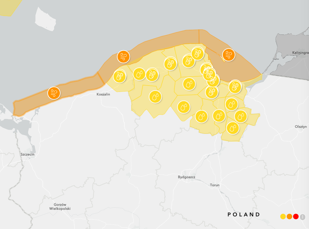 Weather alert map showing strong wind warnings along Poland’s Baltic coast