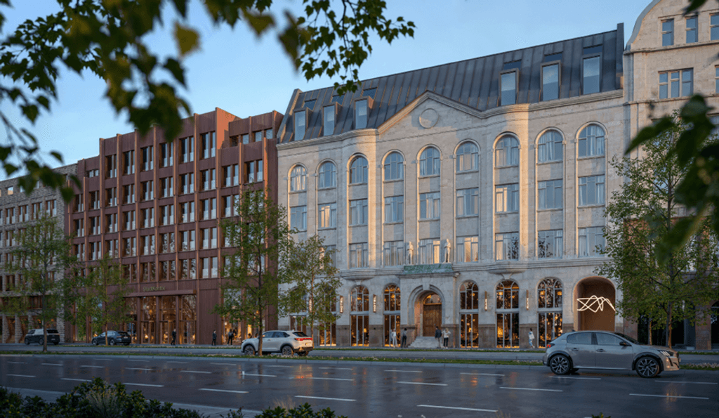 Exterior view of a modern hotel building in central Hamburg