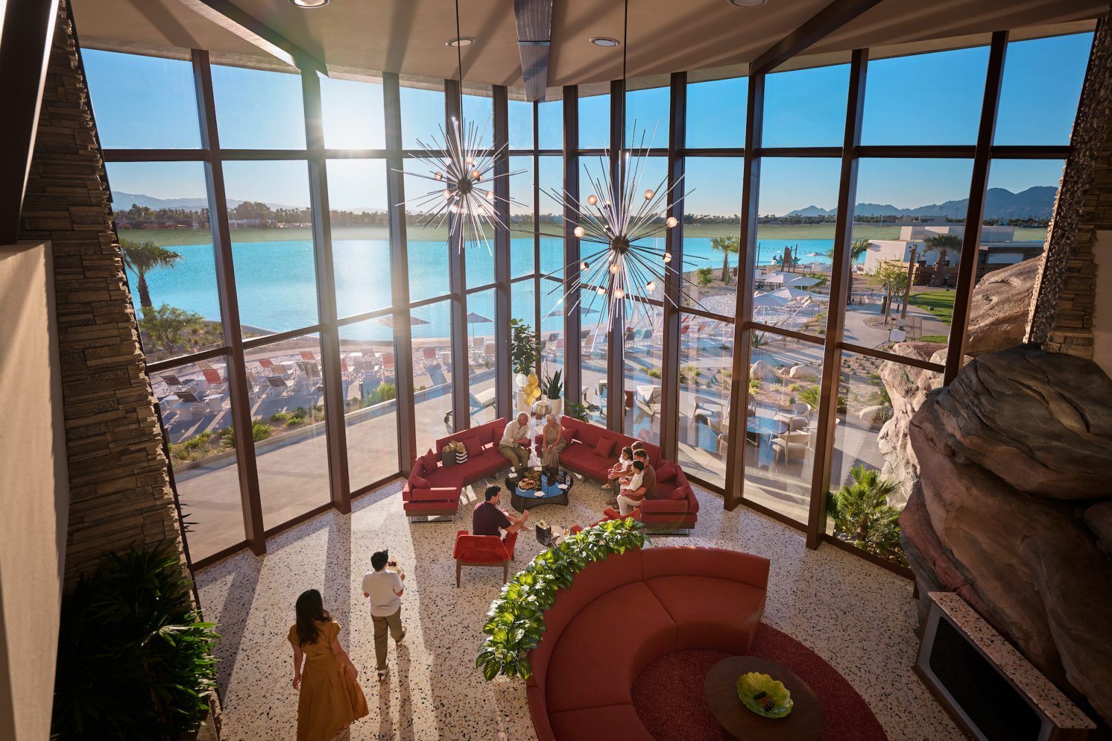 Interior view of Parr House at Cotino overlooking the lagoon through floor-to-ceiling windows