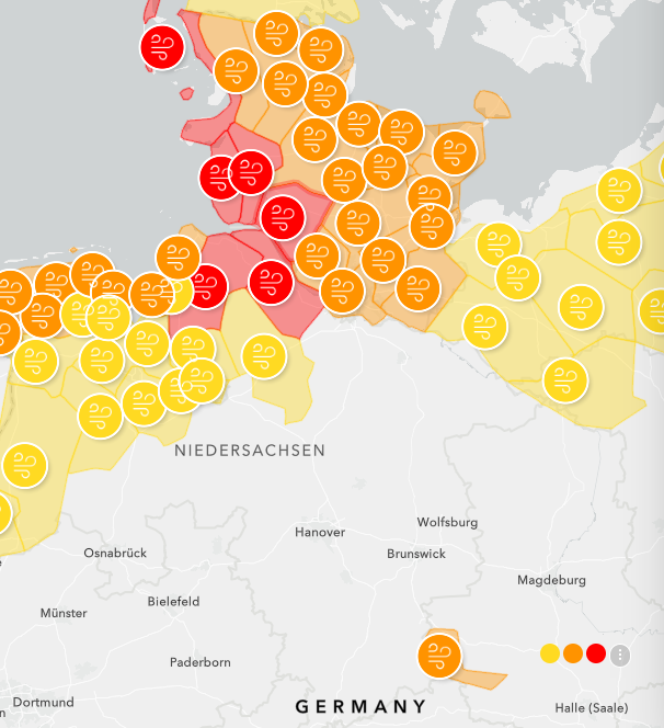 Weather map showing high wind alerts across northern Germany