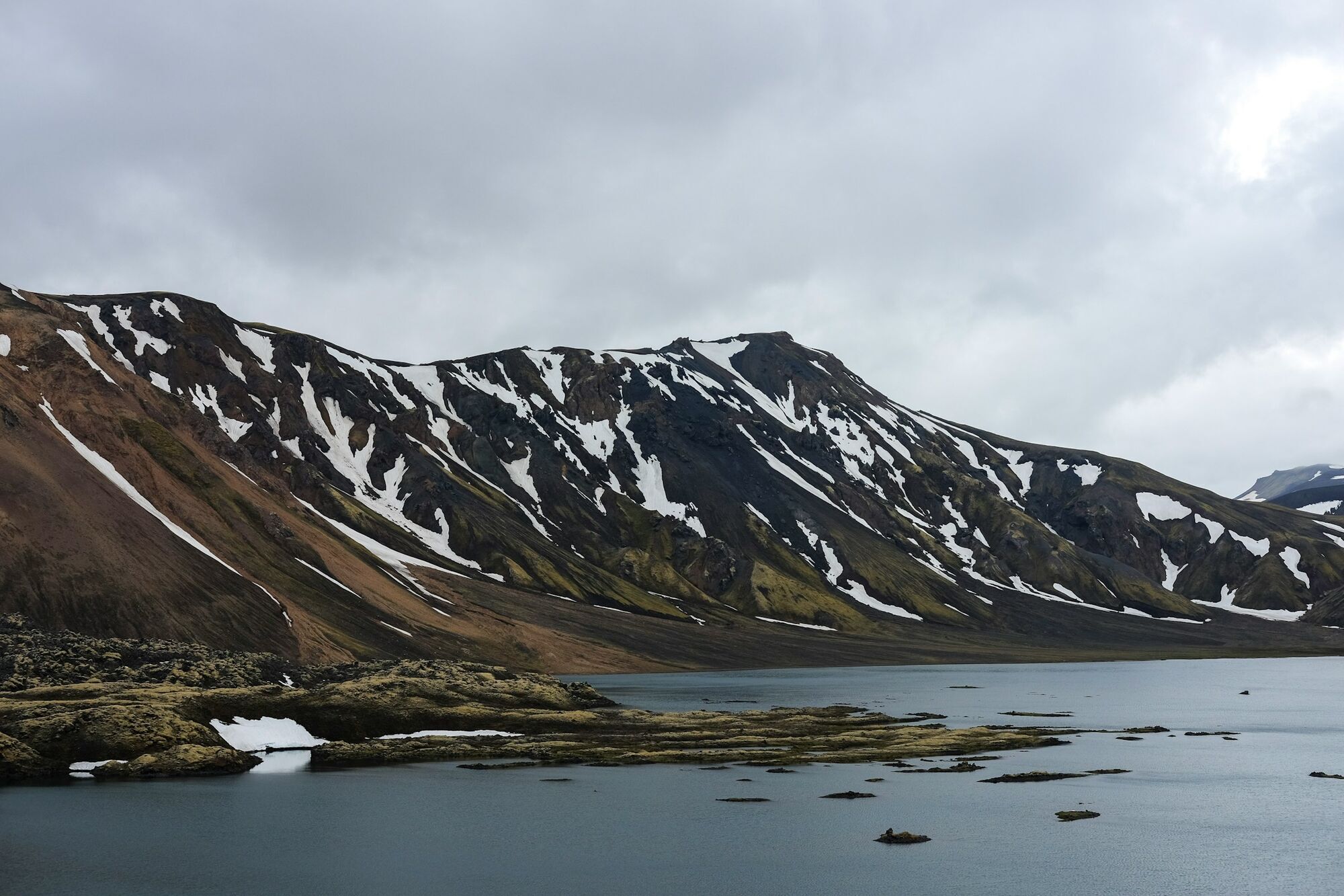 Snow-dusted mountain range beside calm water under cloudy sky