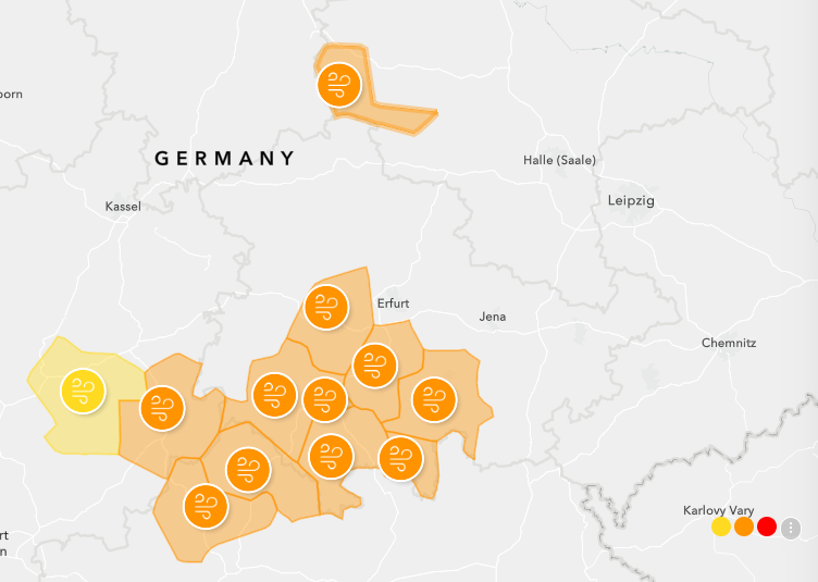 Weather map showing wind warnings across central Germany
