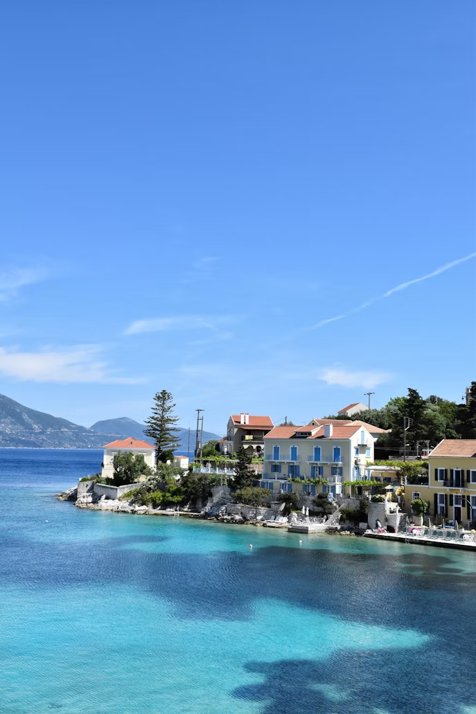Colorful houses by the sea in Fiscardo harbour, Kefalonia