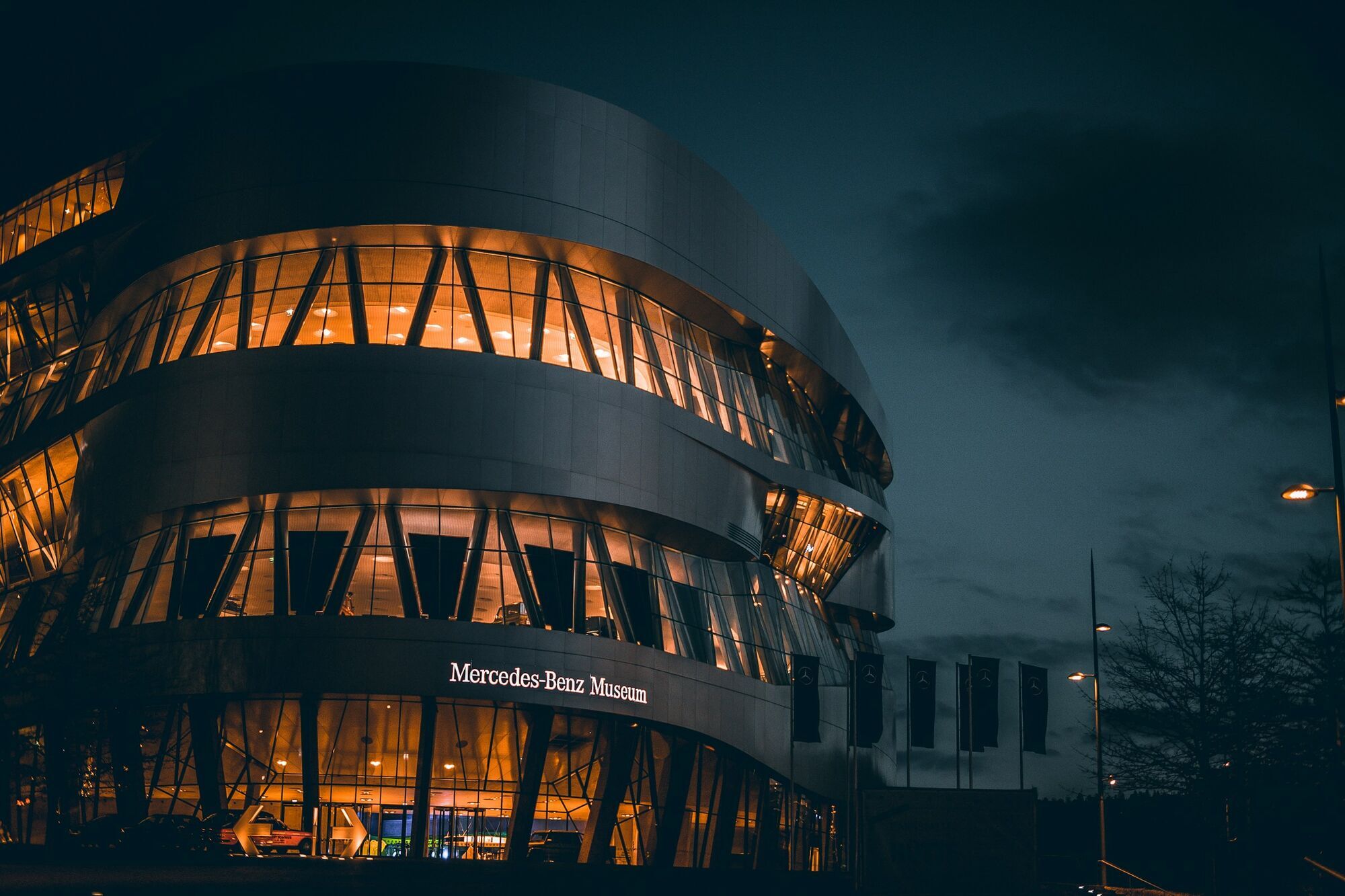 Mercedes-Benz Museum illuminated at night in Stuttgart