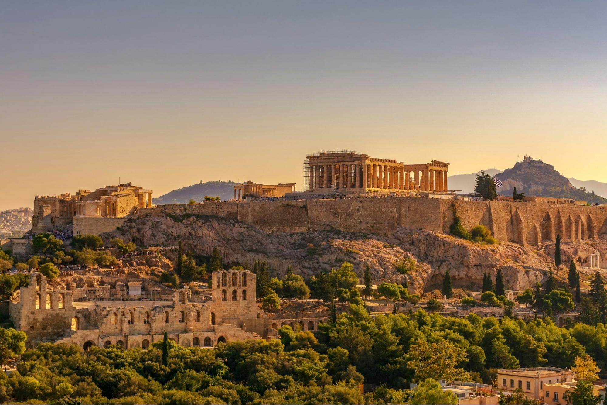View of the Acropolis and Parthenon in Athens during sunset