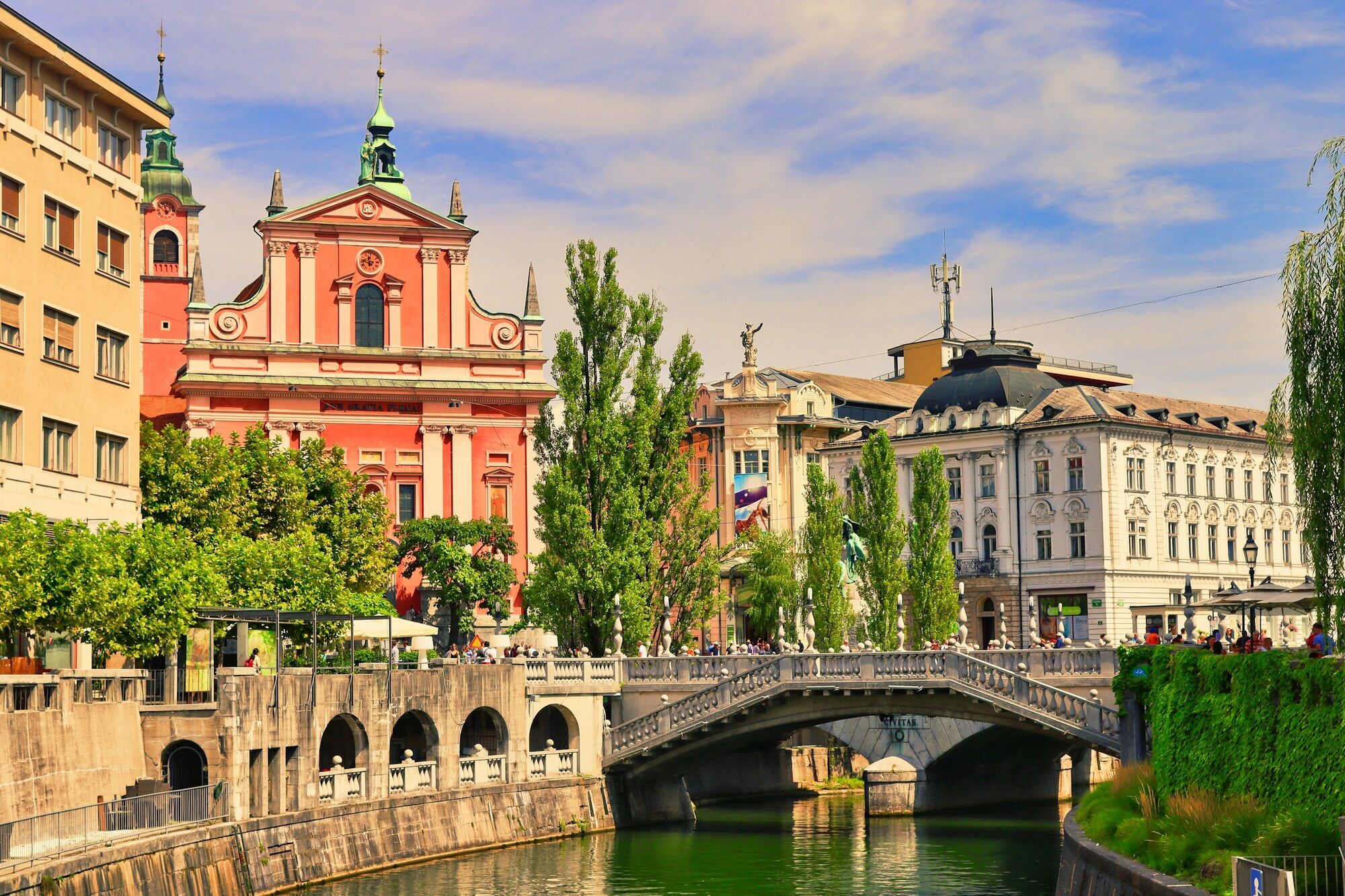 View of Ljubljana’s city centre with the Franciscan Church and Triple Bridge