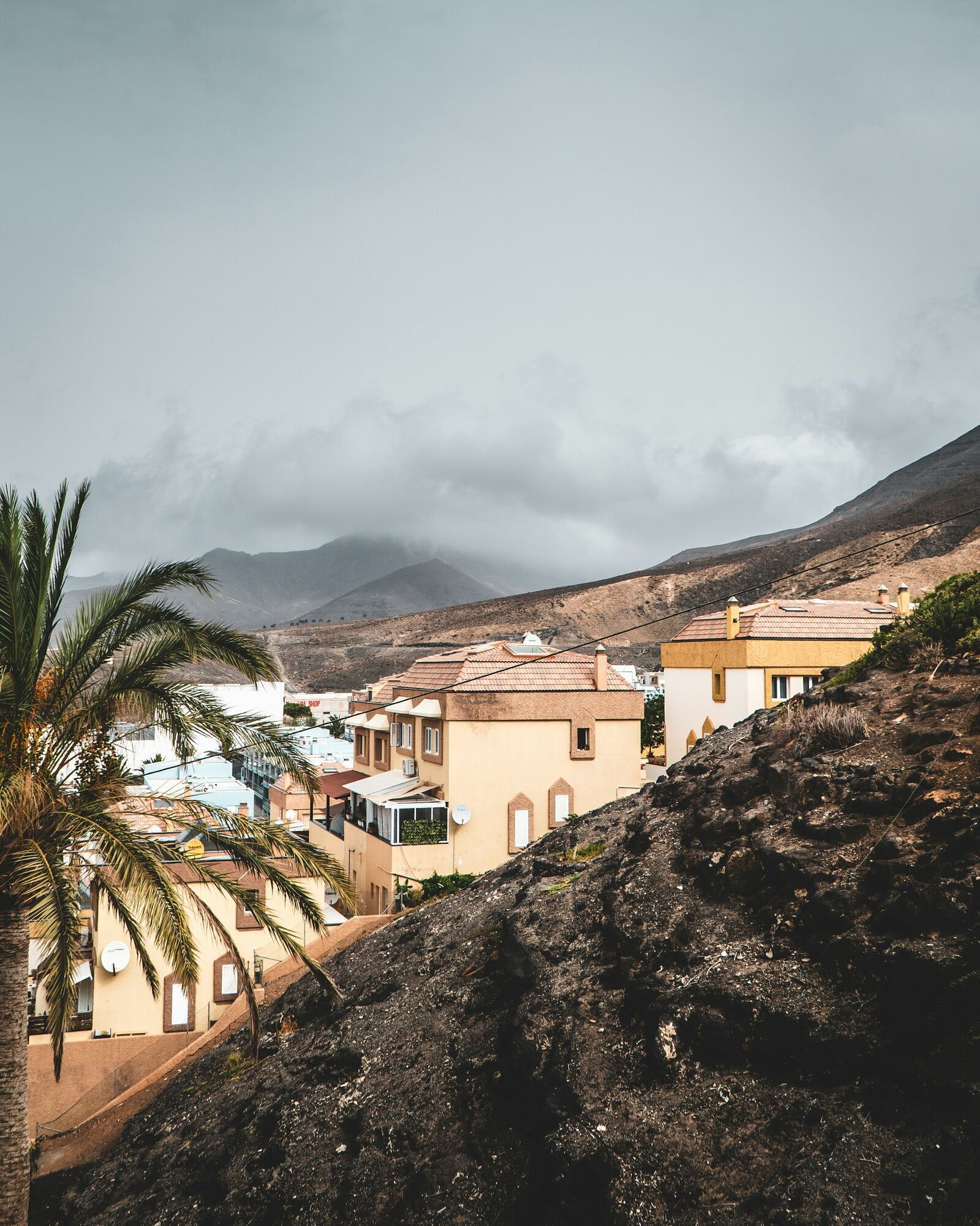 View of houses and volcanic hills in Tenerife, Canary Islands