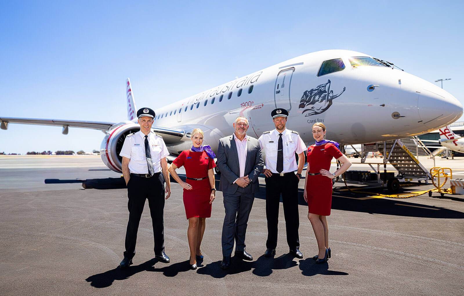 Virgin Australia crew with the new E190-E2 Coral Bay aircraft