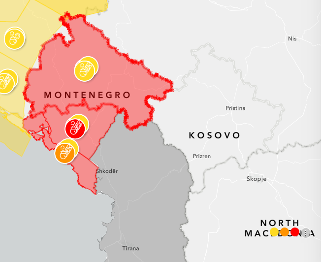 Weather alert map highlighting strong wind warnings across Montenegro