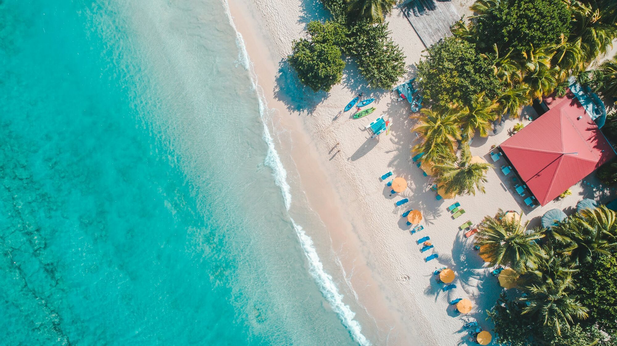 Aerial view of a Caribbean beach with turquoise water and palm trees
