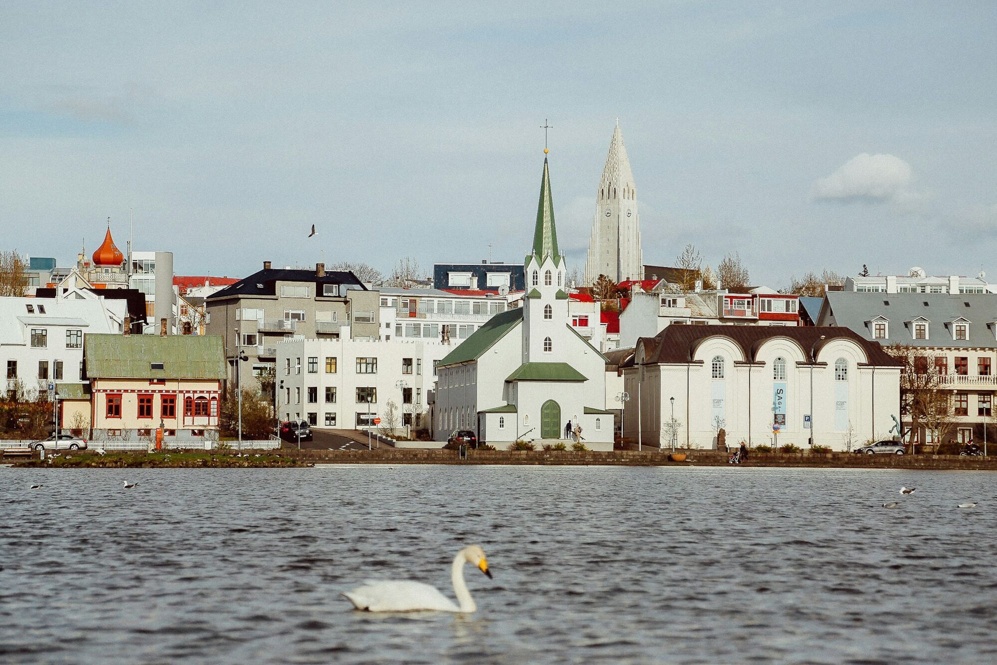 Cityscape of Reykjavik with lakeside view and Hallgrímskirkja in the background