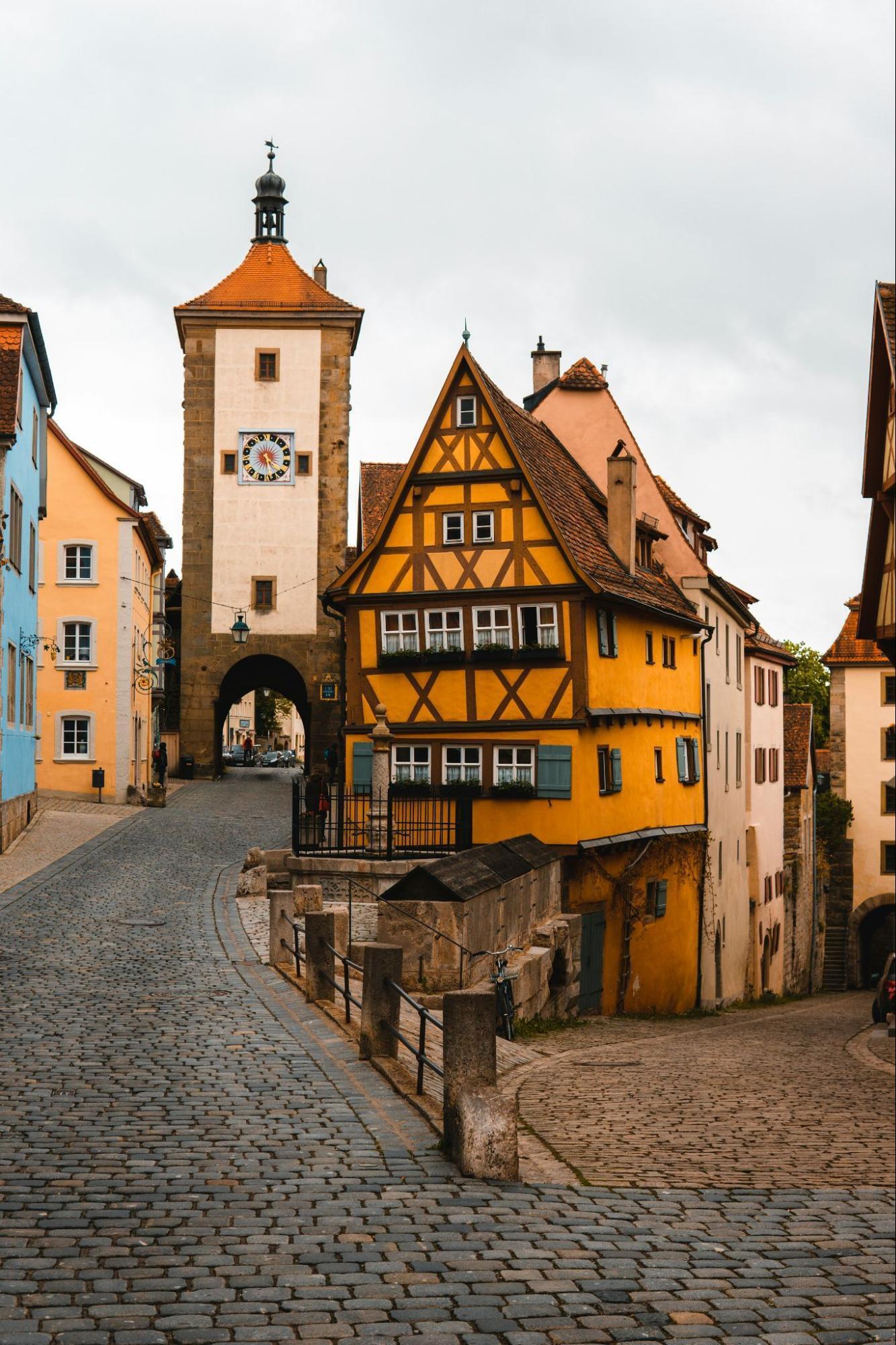 Historic street and medieval tower in Rothenburg ob der Tauber