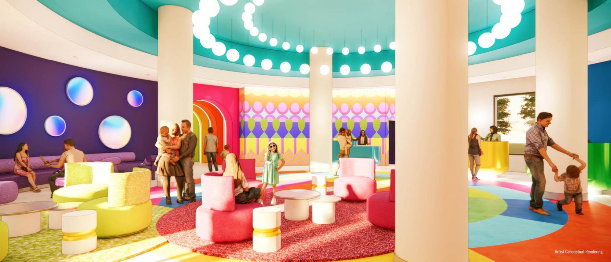Concept art of a colorful hotel lobby designed for families with young children