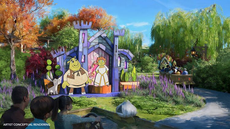 Concept art of a family ride through a Shrek-themed area at a kids park