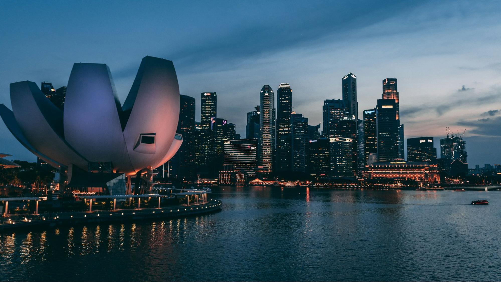 Evening skyline of Singapore viewed across Marina Bay