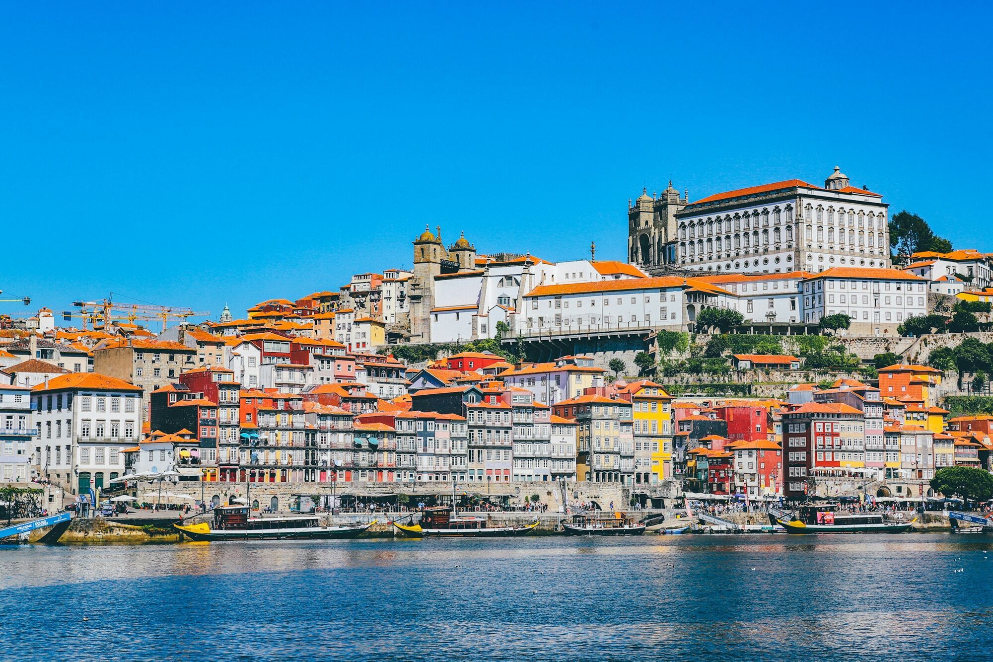 Colourful riverside view of Porto under a clear sky