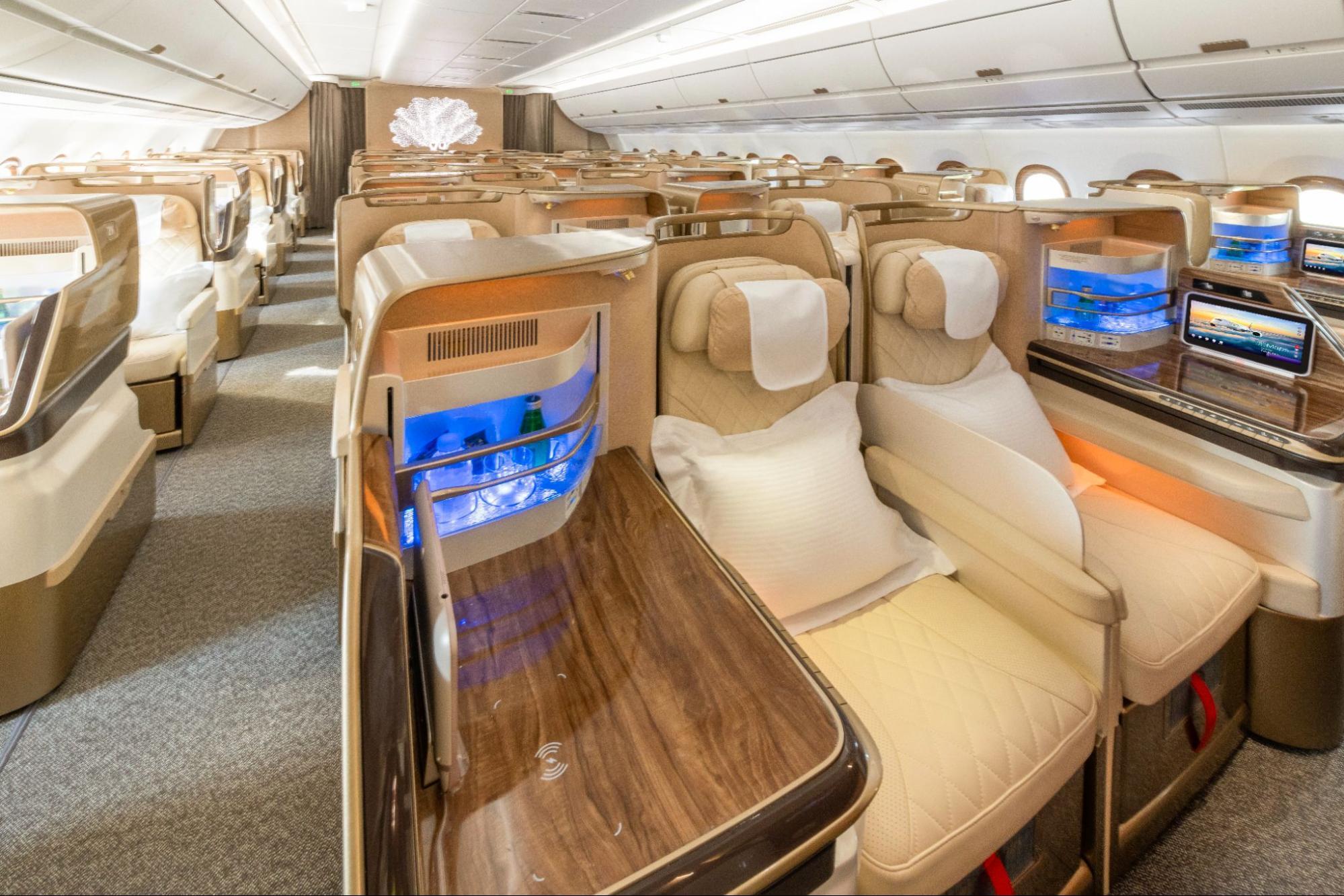 Business Class seats inside an Emirates A350