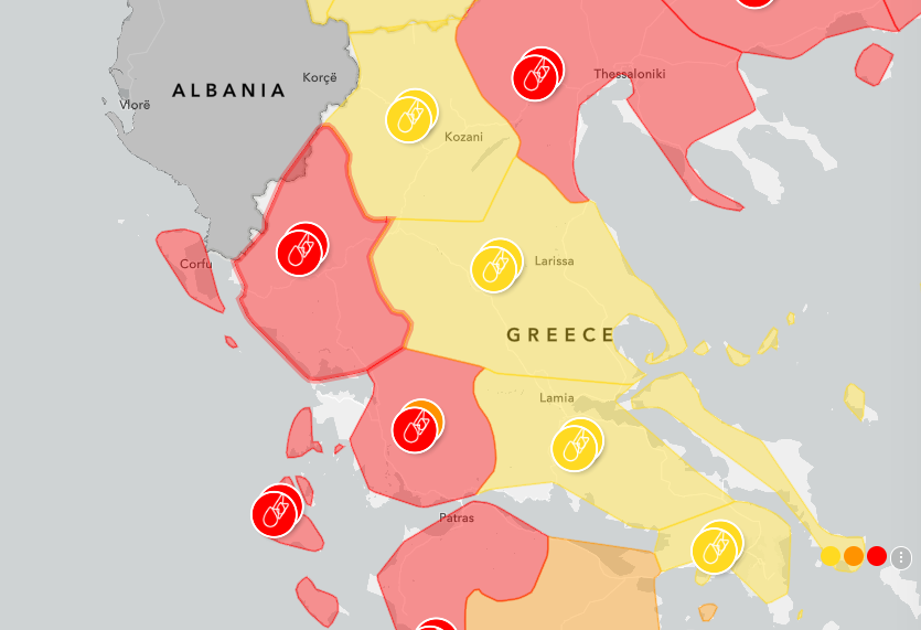 Weather alert map showing red storm warnings across Epirus and western Greece