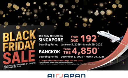 AirJapan Black Friday travel notice showing discounted fares from Singapore and Bangkok to Tokyo