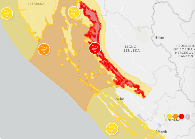 Wind warning map showing high-risk zones along Croatia’s Adriatic coast