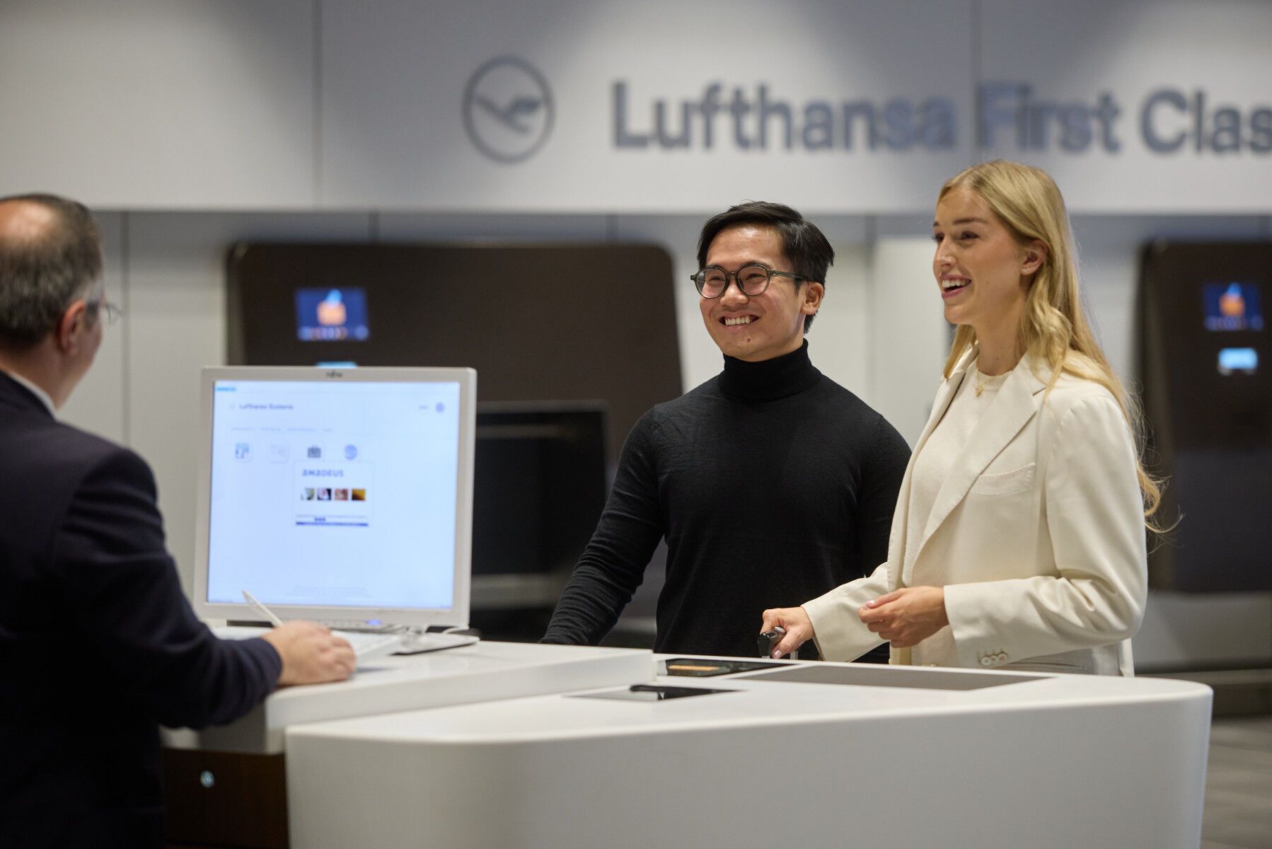 Passengers checking in at Lufthansa’s new Premium area in Frankfurt Airport