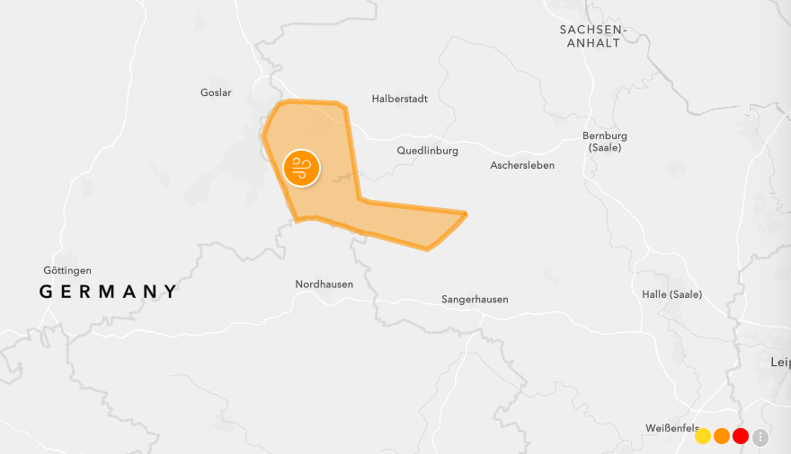 Weather map showing storm warning zone in central Germany near the Harz region