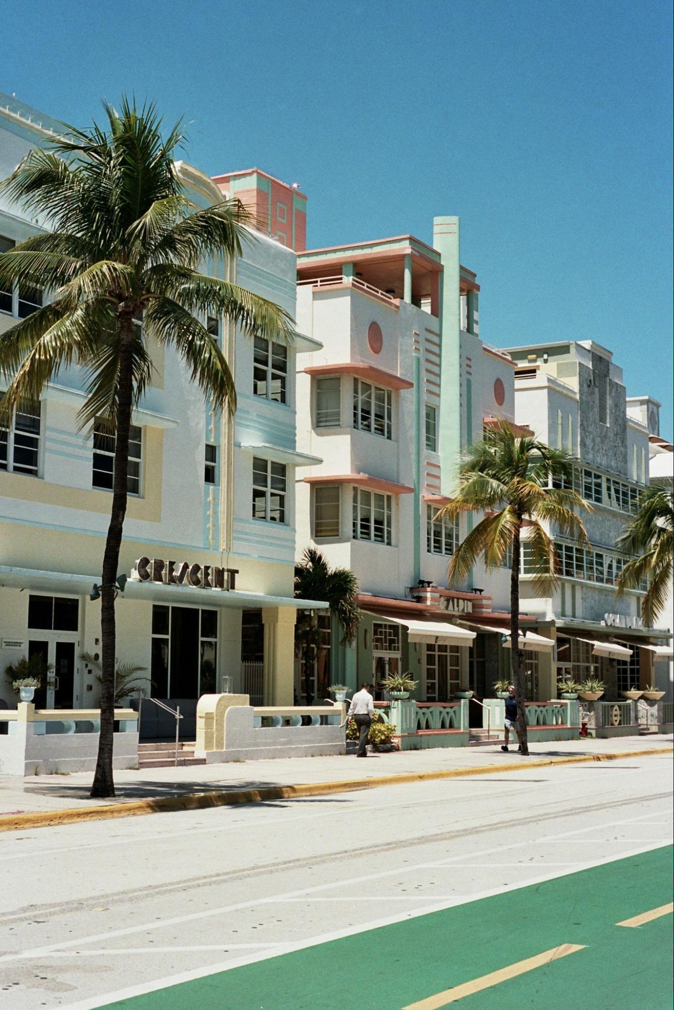 Art Deco buildings and palm trees along Ocean Drive in Miami Beach
