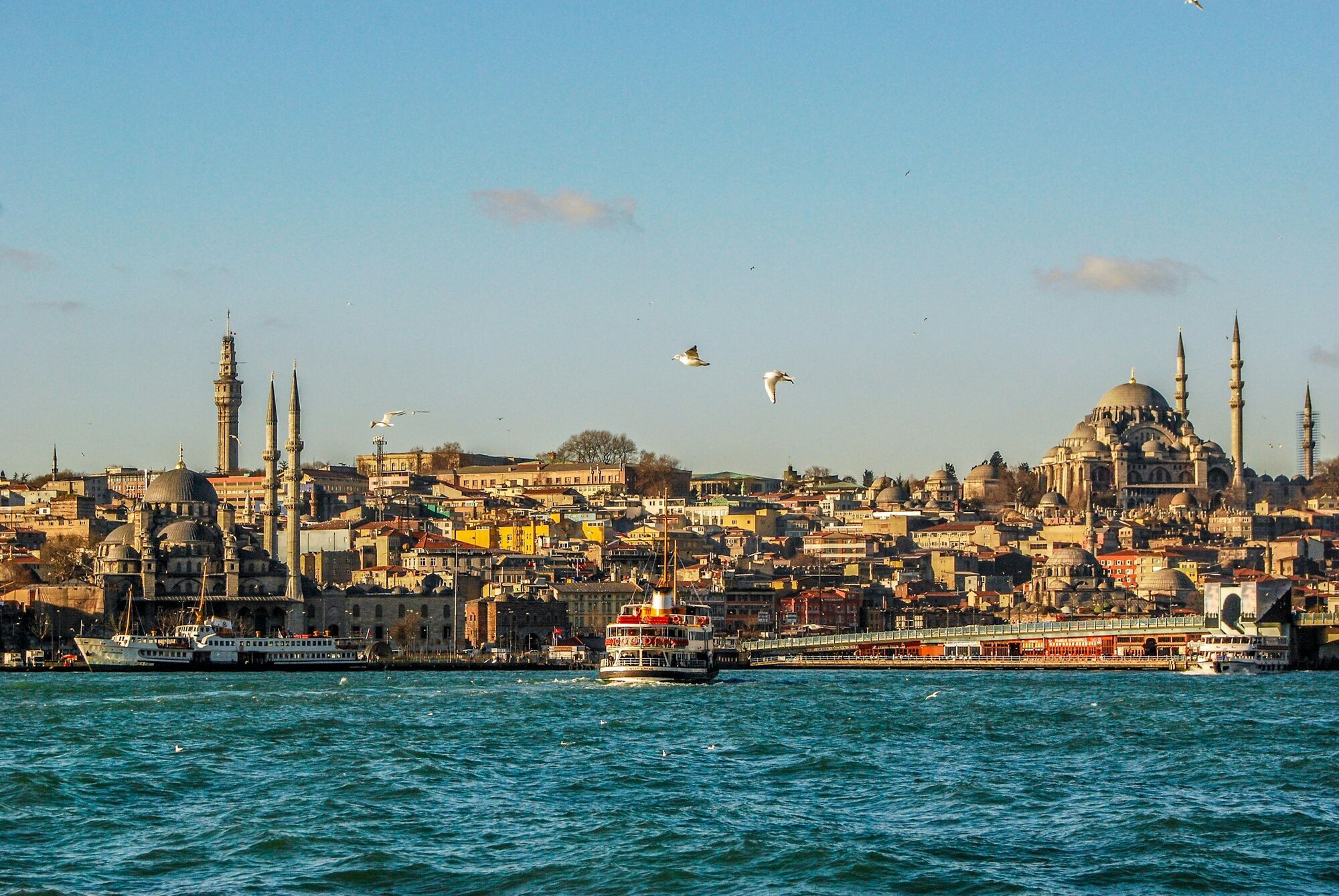View of Istanbul skyline and Bosphorus with boats