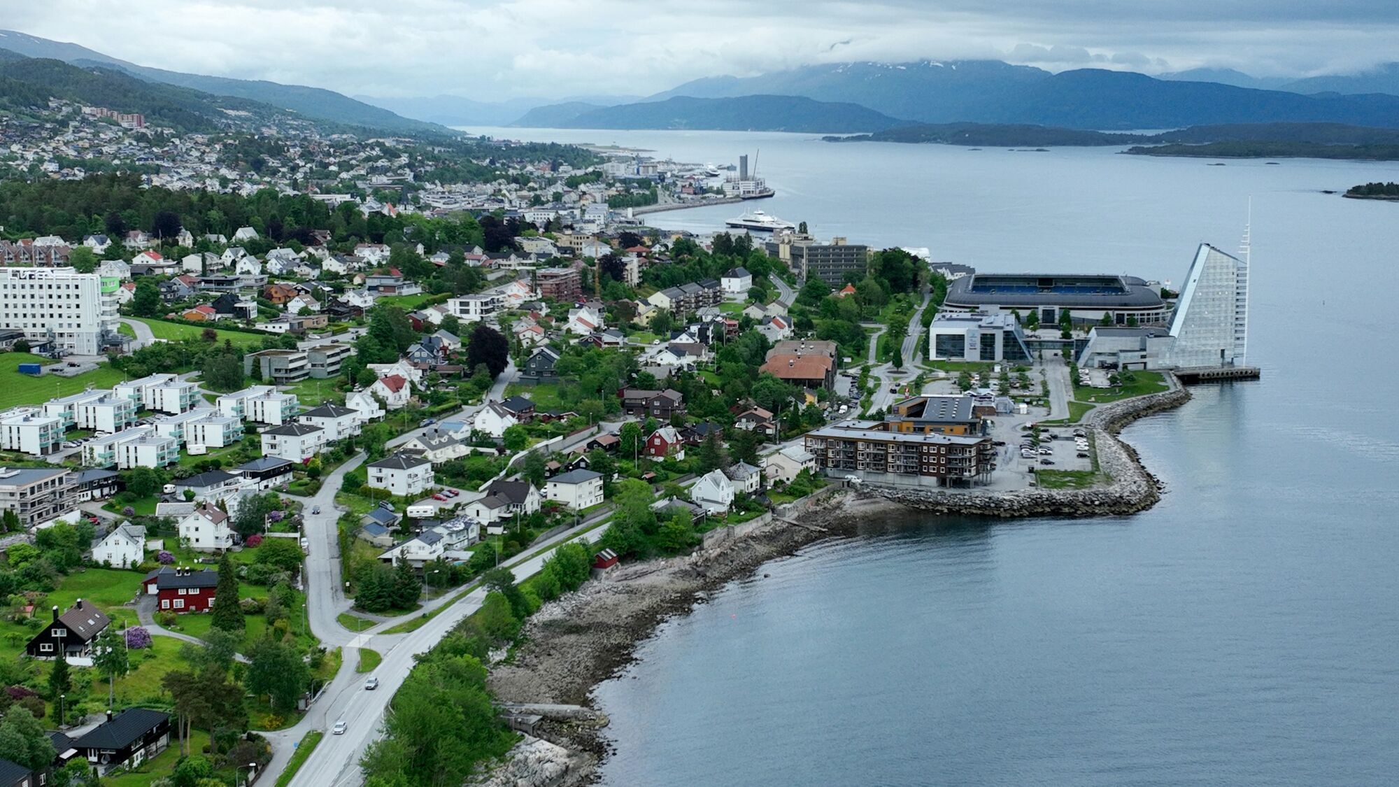 Aerial view of Molde and its waterfront surrounded by fjords