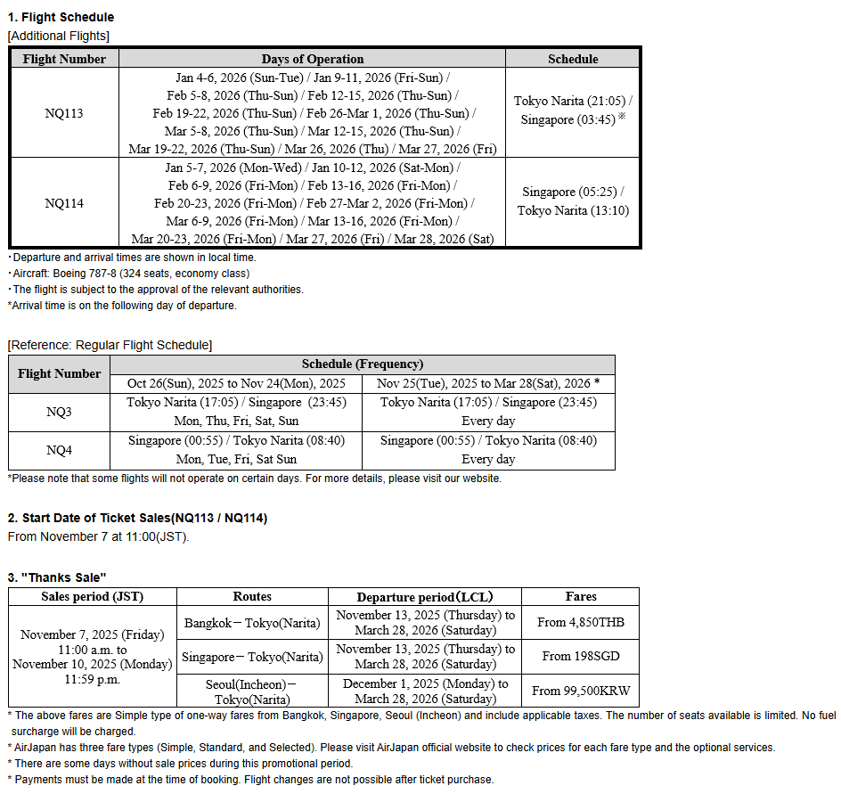 Screenshot showing AirJapan’s updated flight schedule and promotional fares for winter 2025–2026
