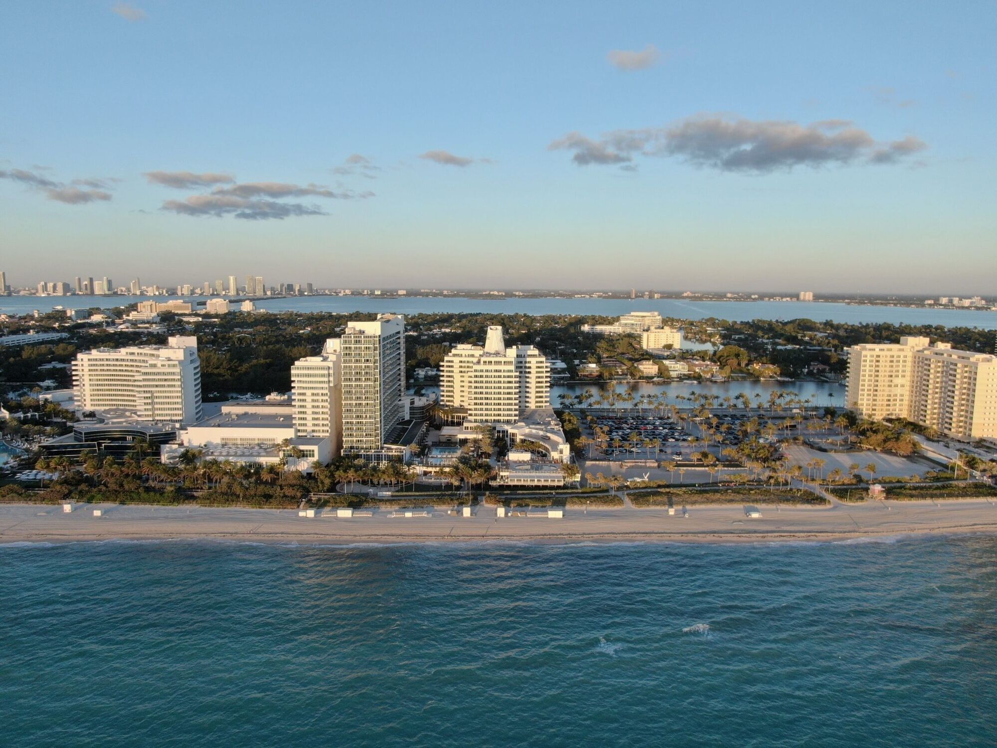 Beachfront hotels and coastline in a sunny coastal city