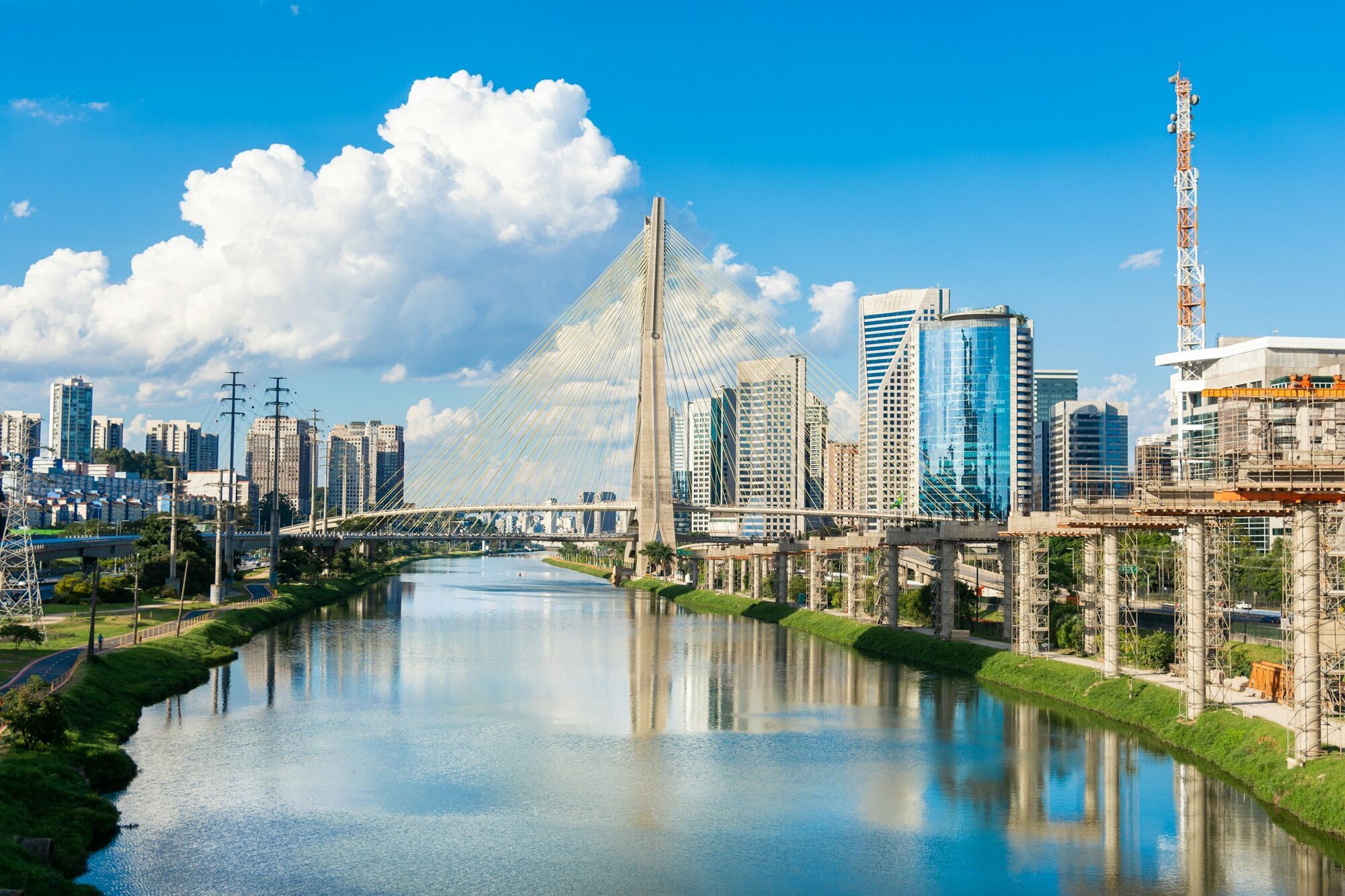 Cable-stayed bridge and city skyline in São Paulo