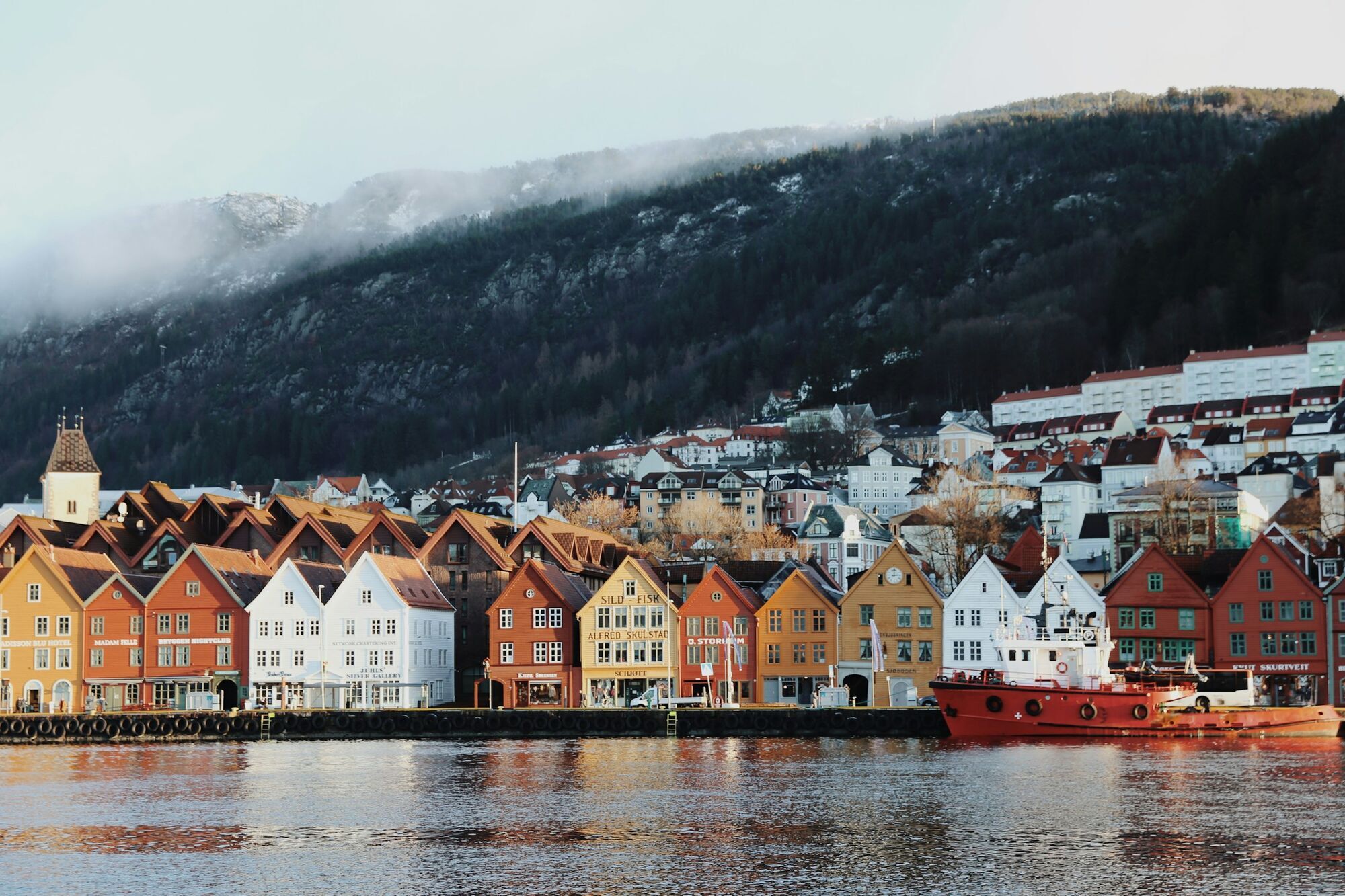 Colourful wooden buildings along the water in Bergen