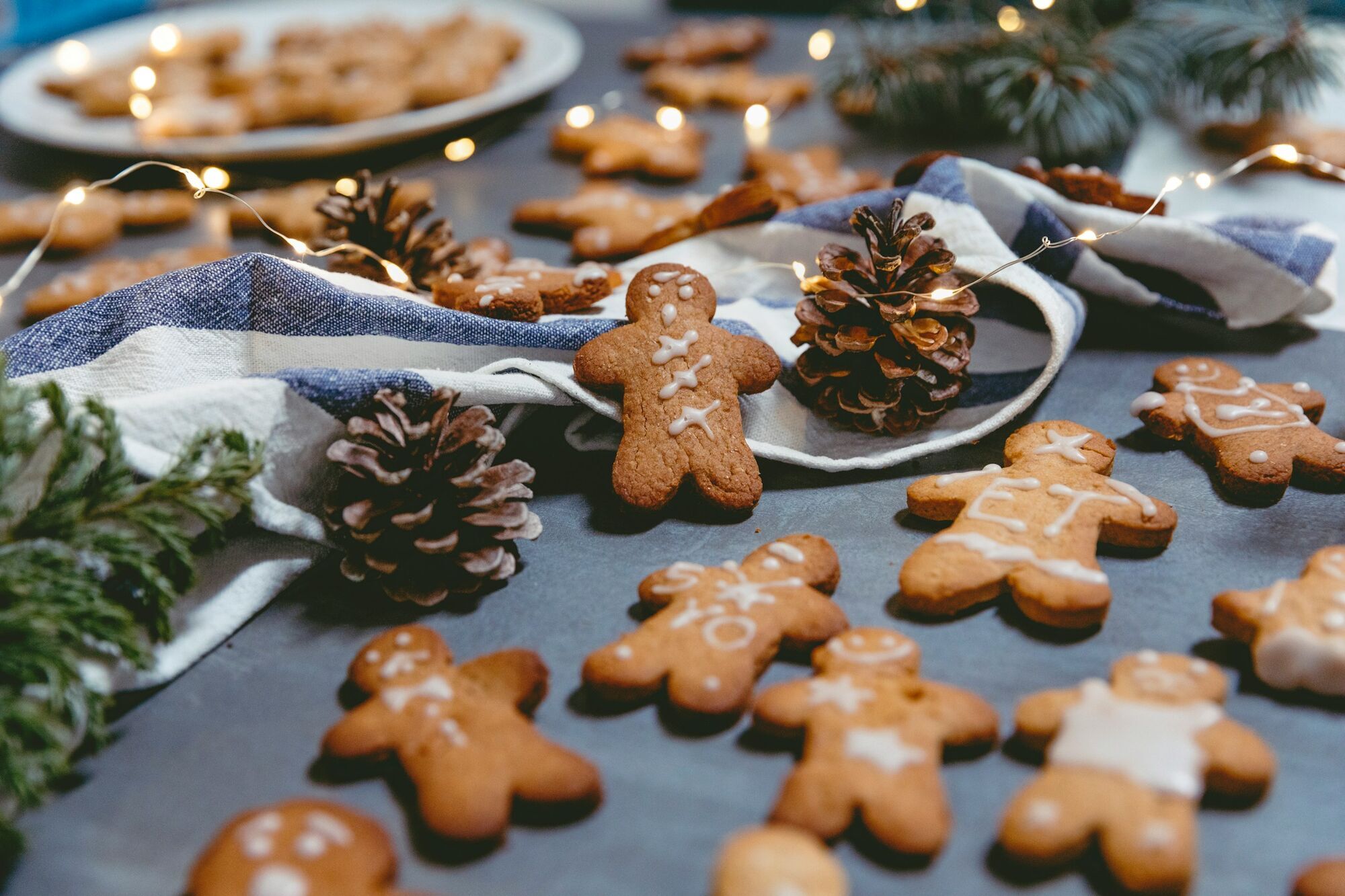 Gingerbread biscuits arranged with pine cones and lights